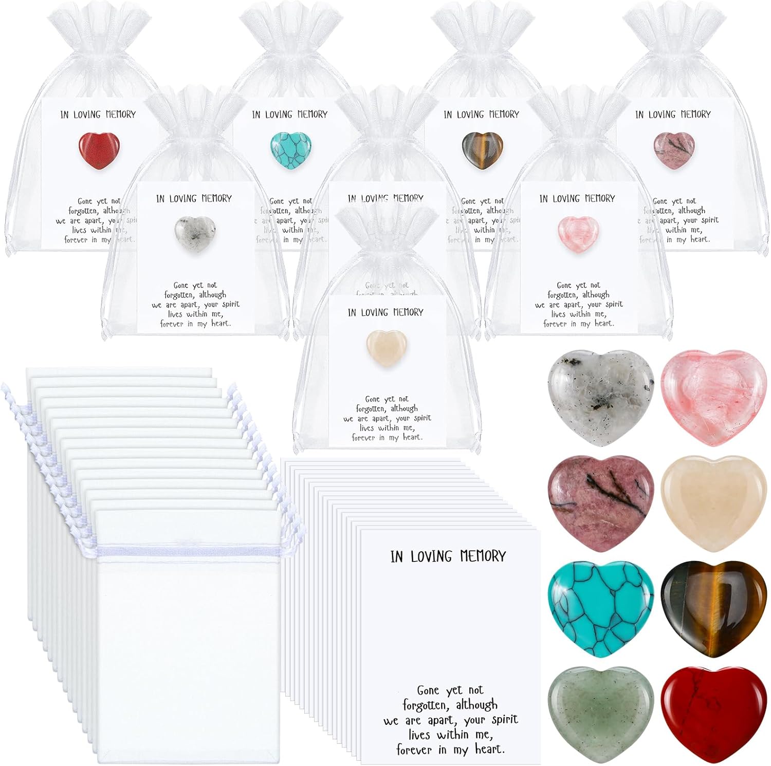 50 Sets Funeral Supplies, Celebration of Life Token Bulk Pocket Prayer Cards with Heart Shape Natural Stones Organza Bags Sympathy Gifts for Memorial Party Supply Funeral Guest Return(White)