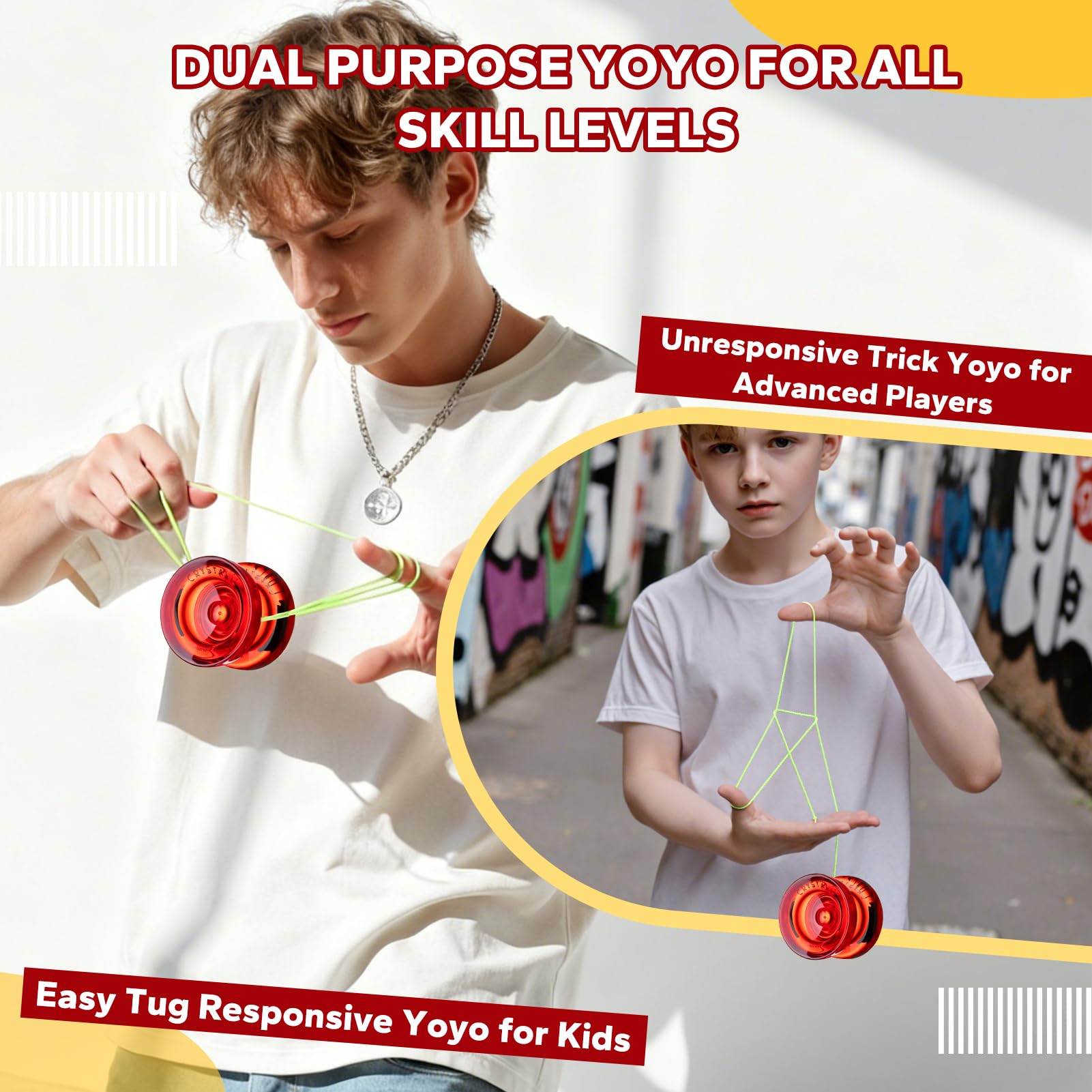 MAGICYOYO JoJo K2 Crystal Yoyo professionnel réactif pour enfants | YoYo double usage pour enfants, débutants et confirmés, avec 12 cordons Jo Jo, roulements et outils (cristal rouge)