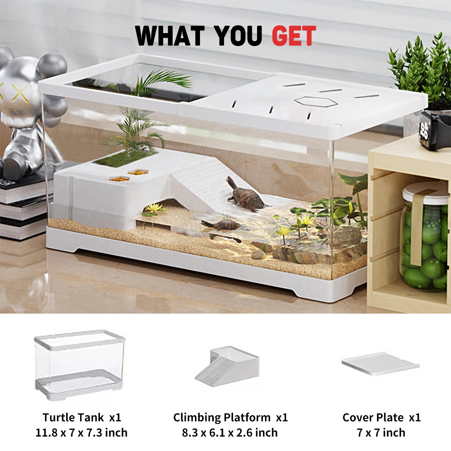 Aquarium pour Tortues avec Plateforme de Bain de Soleil et Drain au Fond 30 x 18 x 18,5 cm, Aquarium pour Jeunes Tortues, écrevisses, crabes, Amphibiens et Reptiles，Blanc - 3