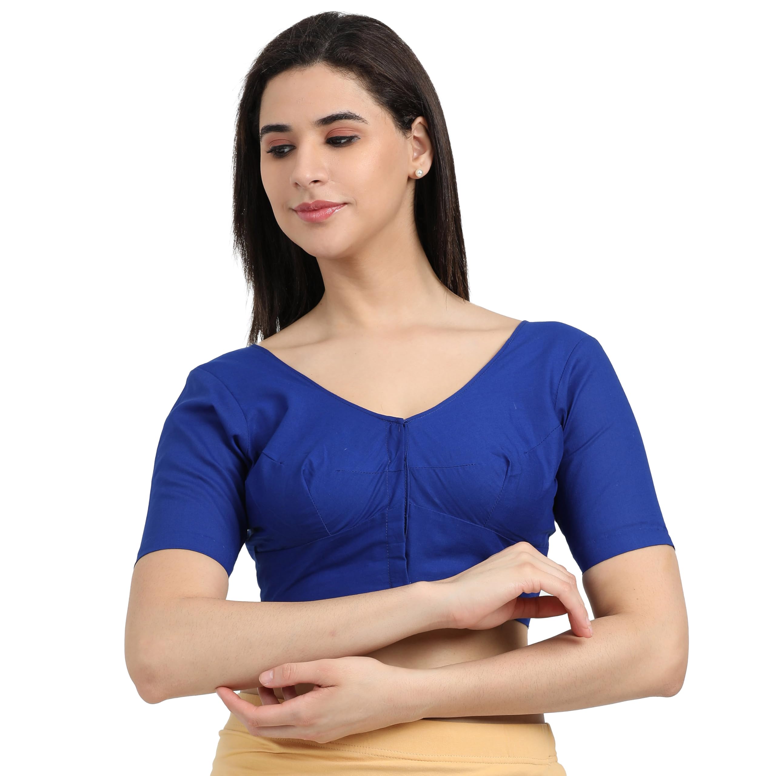 wilyblouse 100% Cotton Saree Blouse (Bra Size Fitting) Front Open with Hook Half Sleeve Solid Colour 20 Royal Blue Size (40)-picture-50