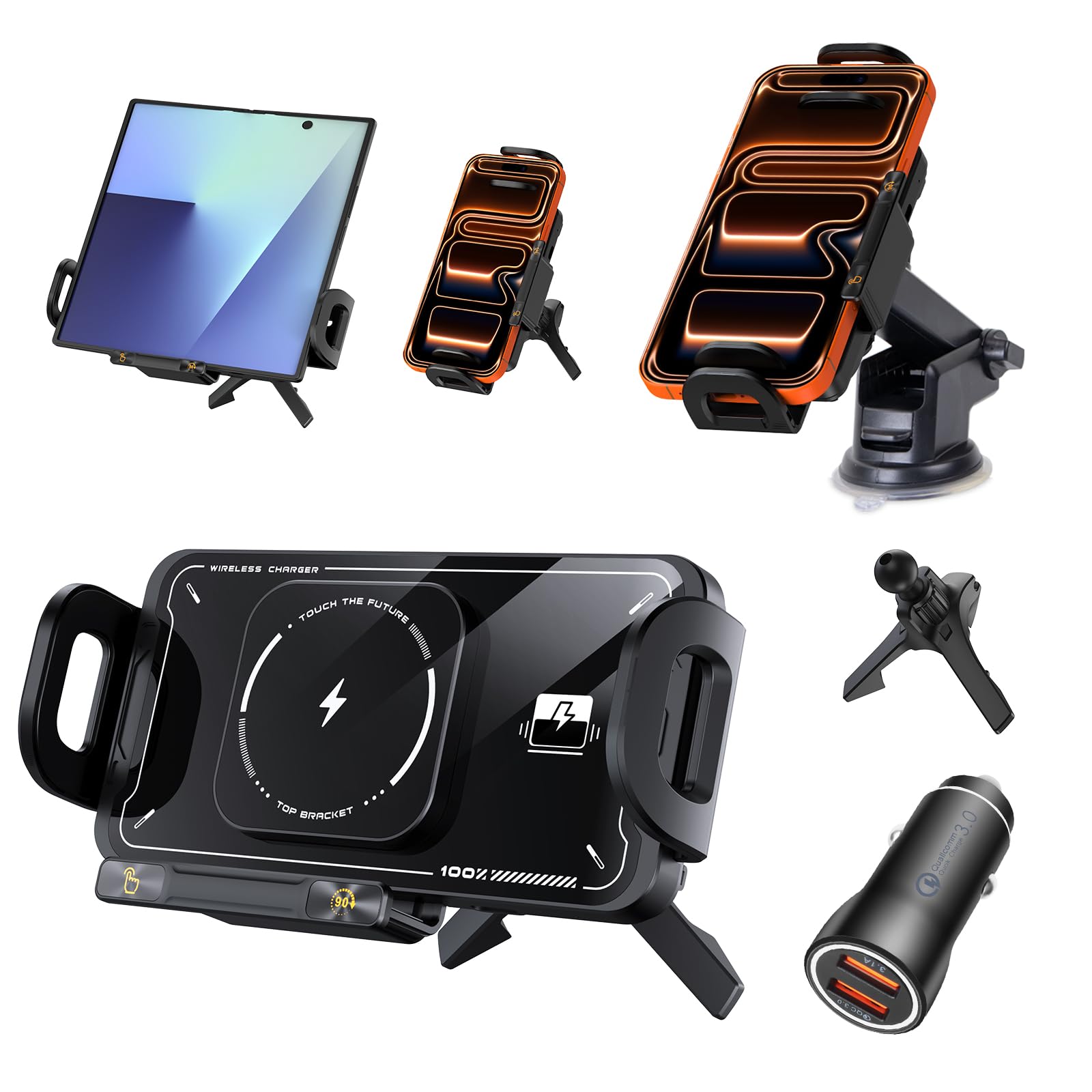 Handyhalterung Auto mit Ladefunktion - 15W Schneller Kabelloser Qi Wireless Charger Auto mit Saugnapf & Lüftungsclip für Z Fold 7/6/5/4/3/2, Induktive Ladestation Auto mit Einhandbedienung