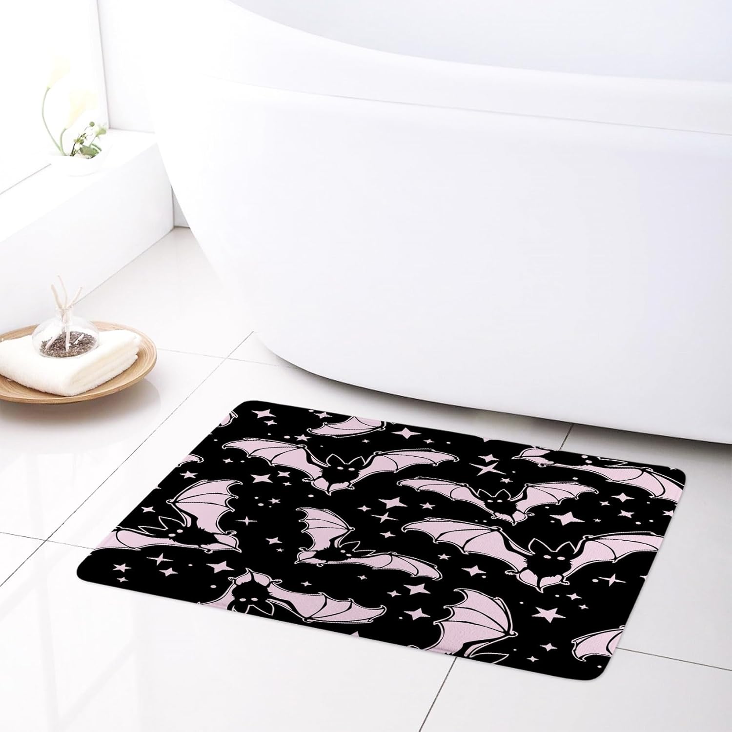 LB Spooky Halloween Shower Curtain Set with Rugs - Gothic Horror Pink and Black Bats Fabric Shower Curtain with Hooks - Funny Halloween Bathroom Curtains, 70x70 inches