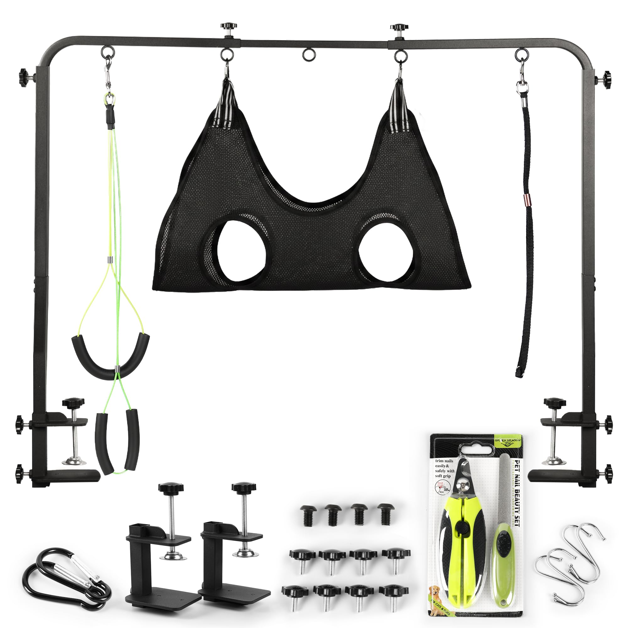 Premium Hundepflege-Arm mit Klemme & Hundepflege-Hängematte – robuster Fellpflegetisch für Hunde zu Hause – Nagelknipser für Hunde – komplettes Haustierpflegeset & Hundegeschirr zum