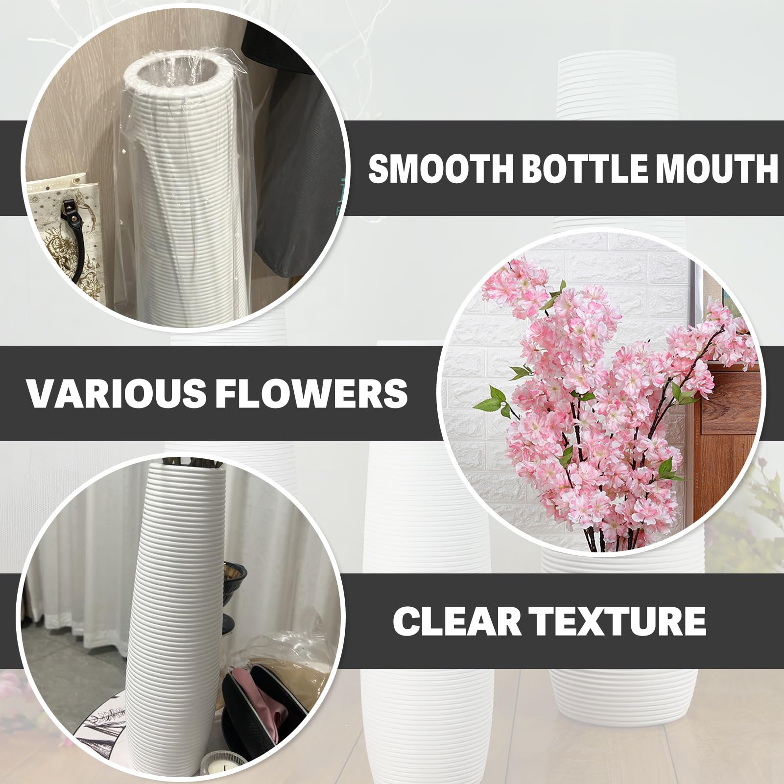 Jarrón nórdico de cerámica de pie de 76 cm, decoración moderna en blanco y negro para sala de estar para flores secas, adornos elegantes, accesorios elegantes para el hogar