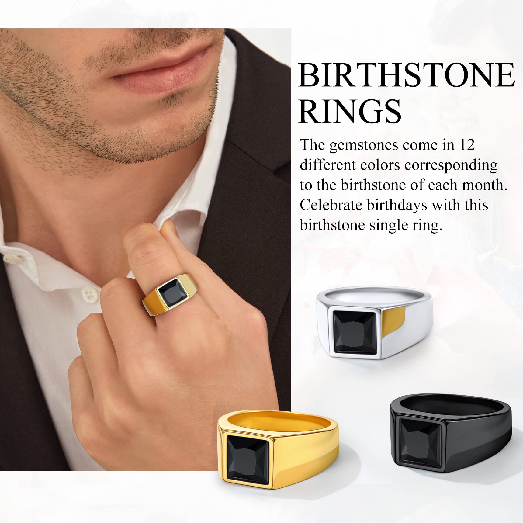 Anillo de sello de acero inoxidable para hombre, anillo de banda de piedras preciosas negras/azul, anillo clásico simple y grueso para hombre, tamaño 7-14, Acero inoxidable Oro 4