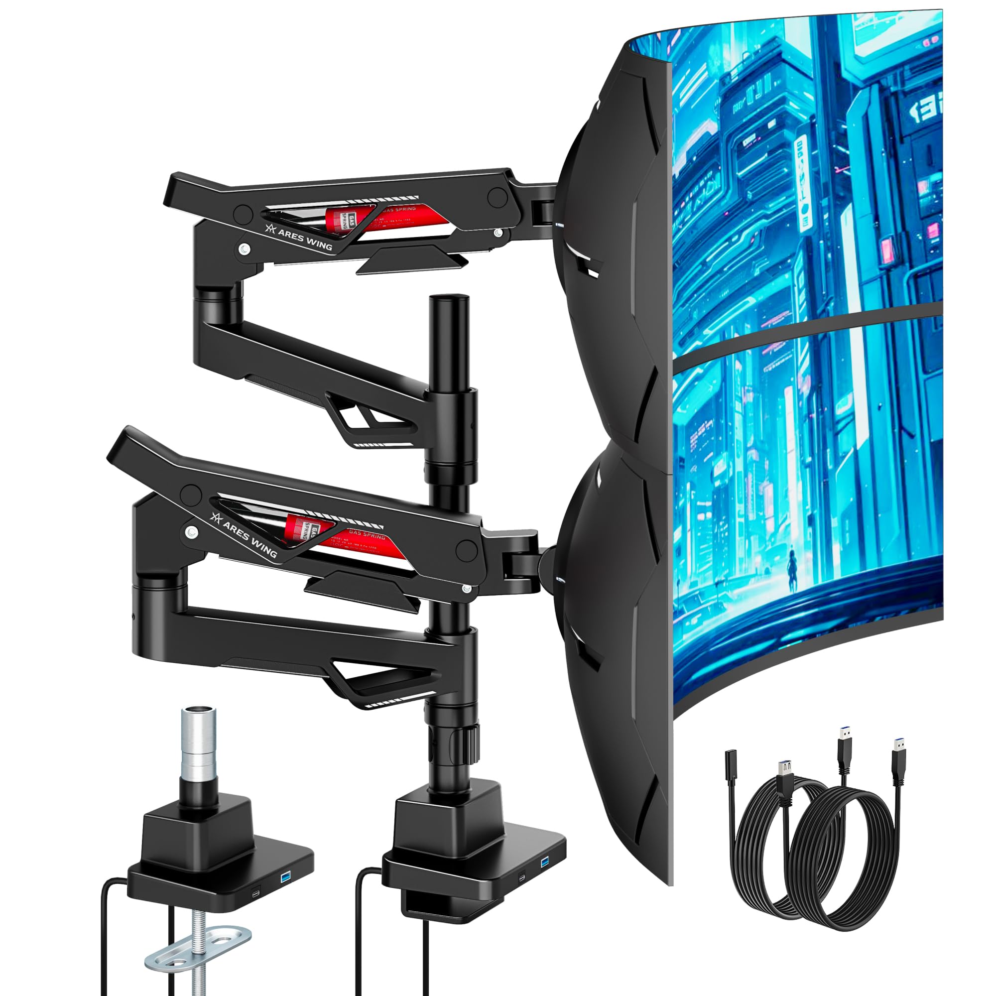 ARES WING ARES WING Heavy-Duty Gas Spring Dual Ultrawide Monitor Arm57 60Lbs USB VESA