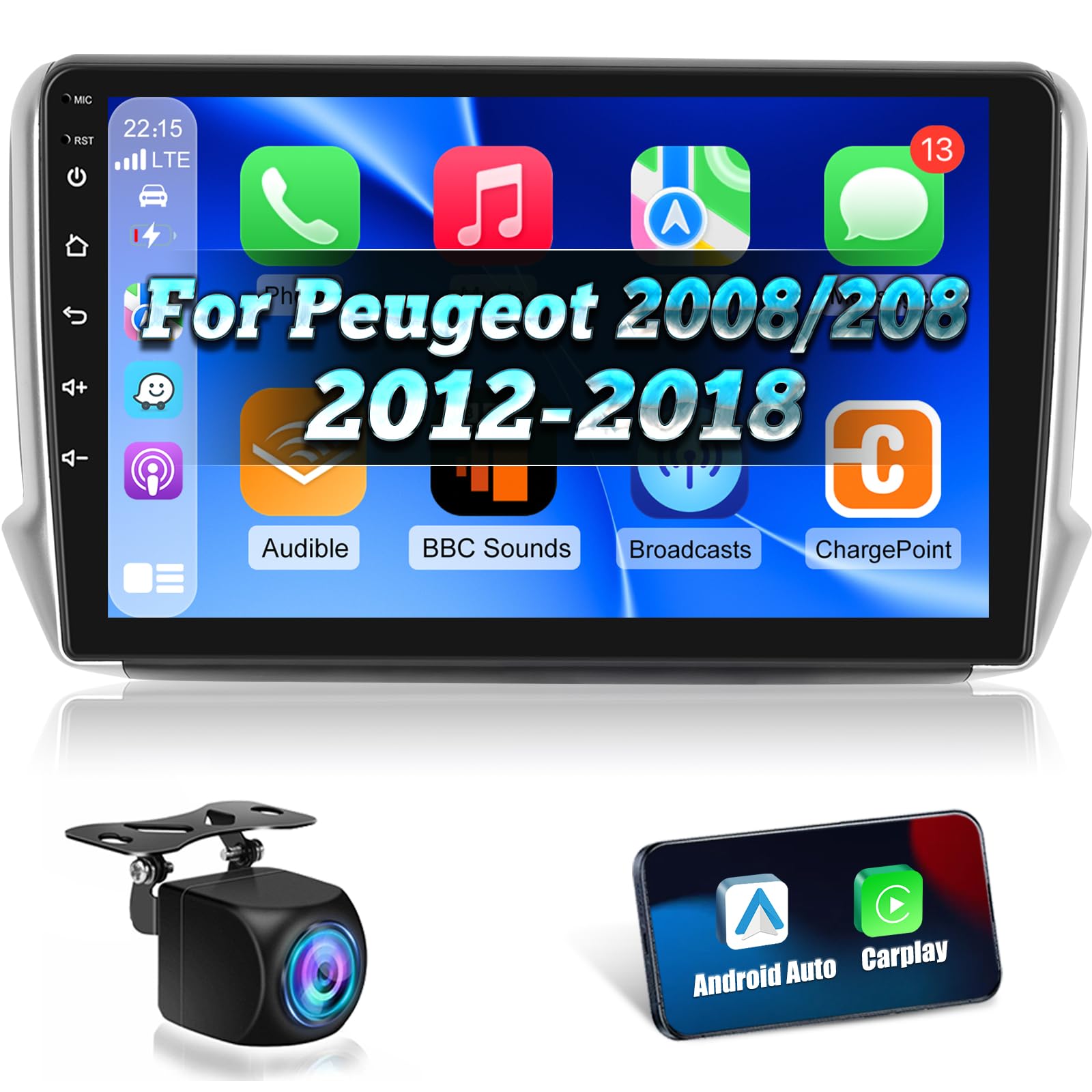 NHOPEEW 2G+64G Android Radio del Coche para Peugeot 2008/208 2012-2018- Wireless Carplay & Android Auto - 10 Pulgadas Radio con WiFi EQ GPS Mirror Link FM RDS + Cámara de visión Trasera