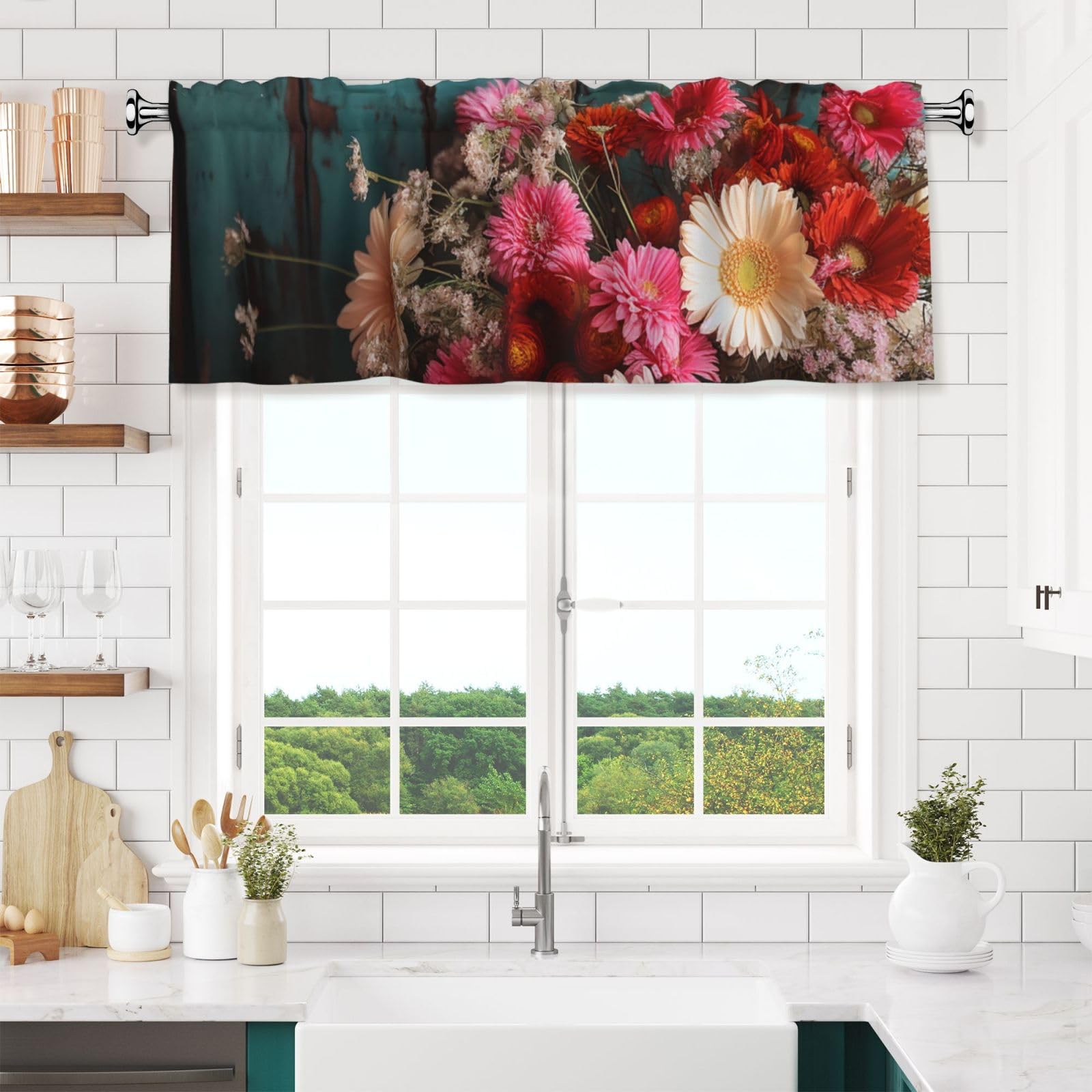 NONHAI Rustic Flowers Valances for Windows Short Curtains Rod Pocket Cafe Window Treatments Valance Curtains for Kitchen Bathroom Laundry Basement Windows 54x18inch Blackout Window Valance