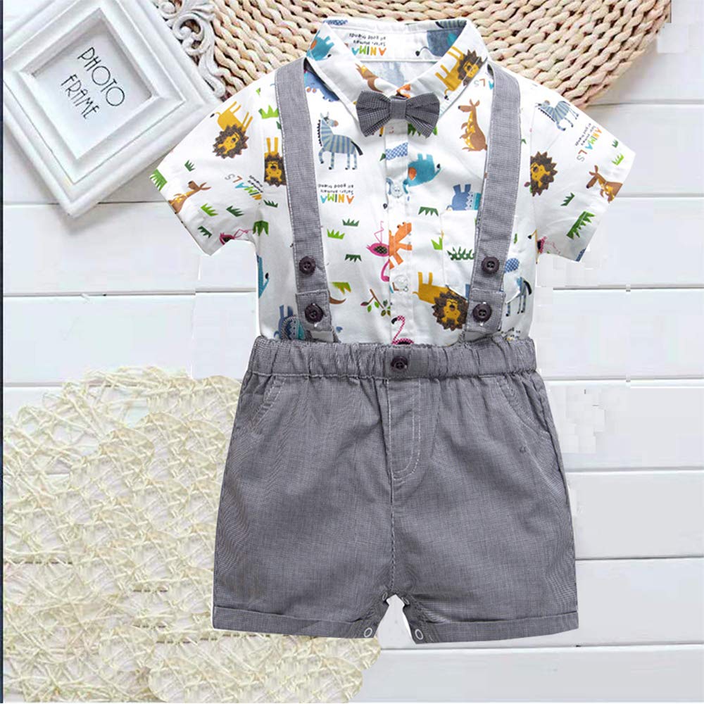 Baby Tuxedo Outfits-Gentleman Bowtie Romper Suspenders Short Set, Formal Suit BY12 - Blanco - 12-18 Meses