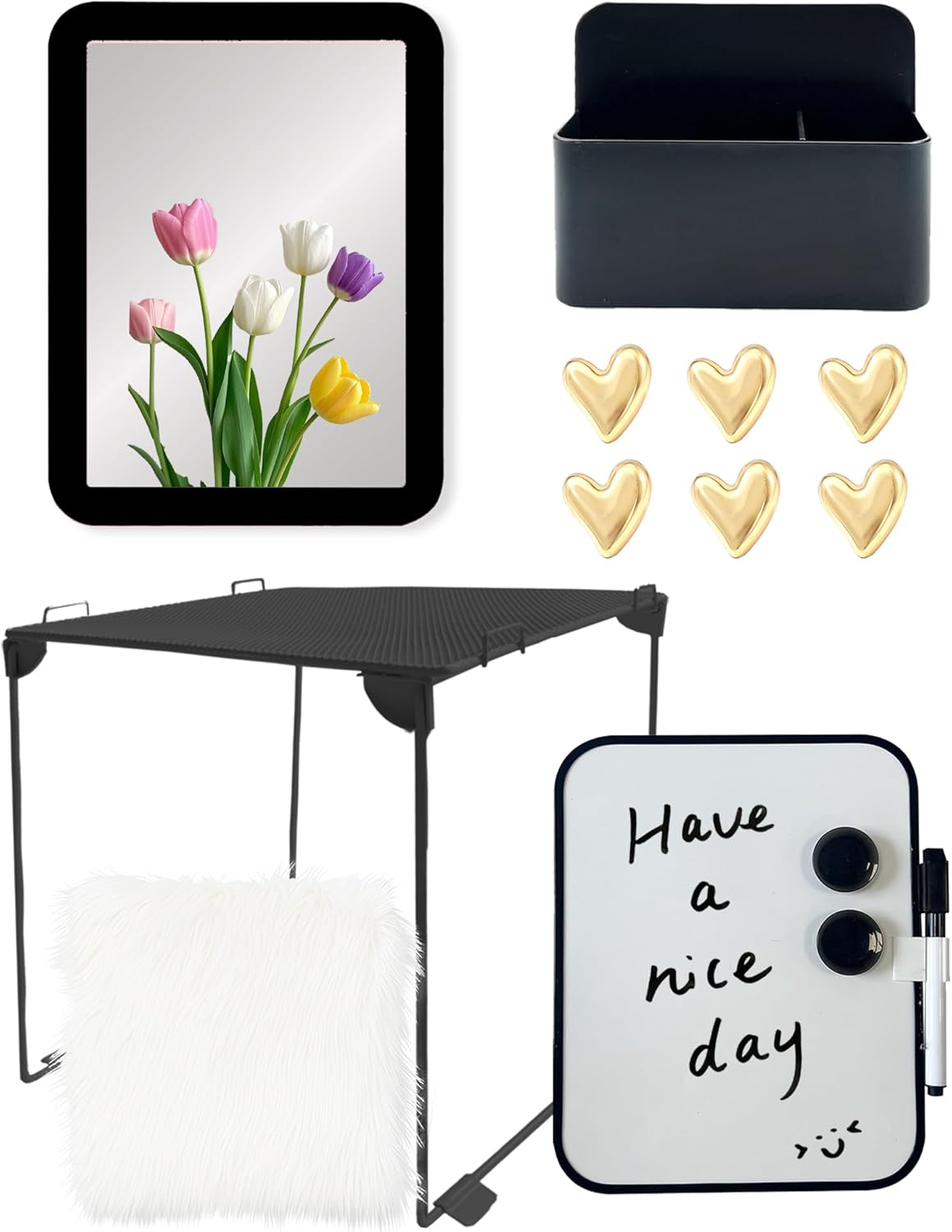 14 Pcs Locker Accessories Kit with Shelf Locker Organizer Decorations for Girls, Magnetic Whiteboard Mirror Rug Pen Holder Heart Magnets, Back to School Supplies Essentials (Black)