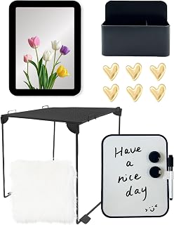 14 Pcs Locker Accessories Kit with Shelf Locker Organizer Decorations for Girls, Magnetic Whiteboard Mirror Rug Pen Holder Heart Magnets, Back to School Supplies Essentials (Black)