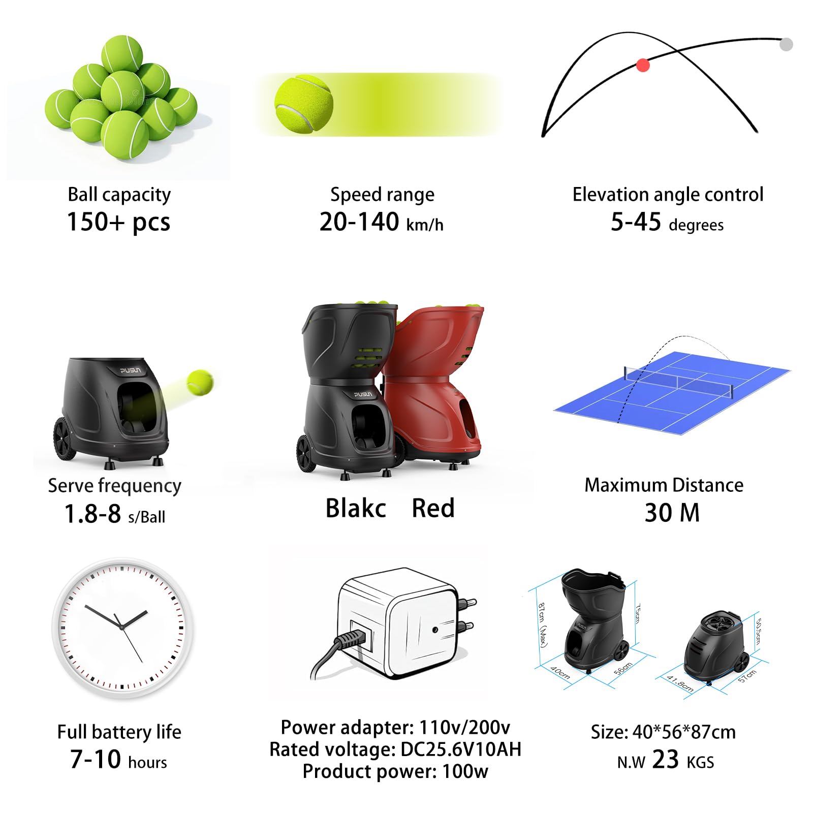 PT-9001 Pro - Macchina per palline da tennis portatile, automatico, per allenamento e pratica di giocatori di tutti i livelli, pre-programmati e personalizzati, completo di app/telecomando.