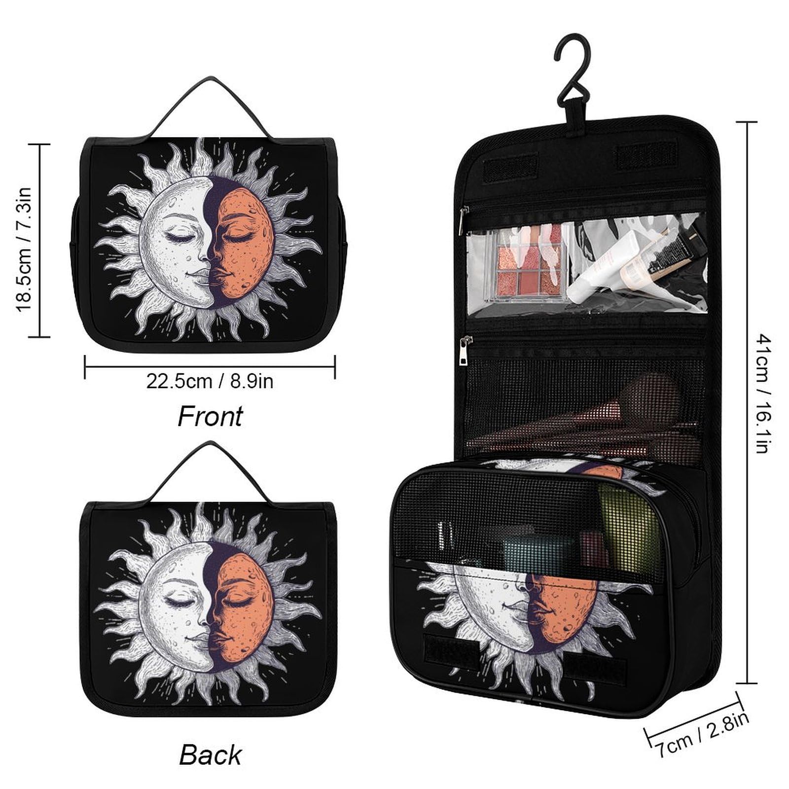 Yin And Yang Sun Makeup Bag Portable Hanging Organizer for Travel Wash Bags With Handle And Divider
