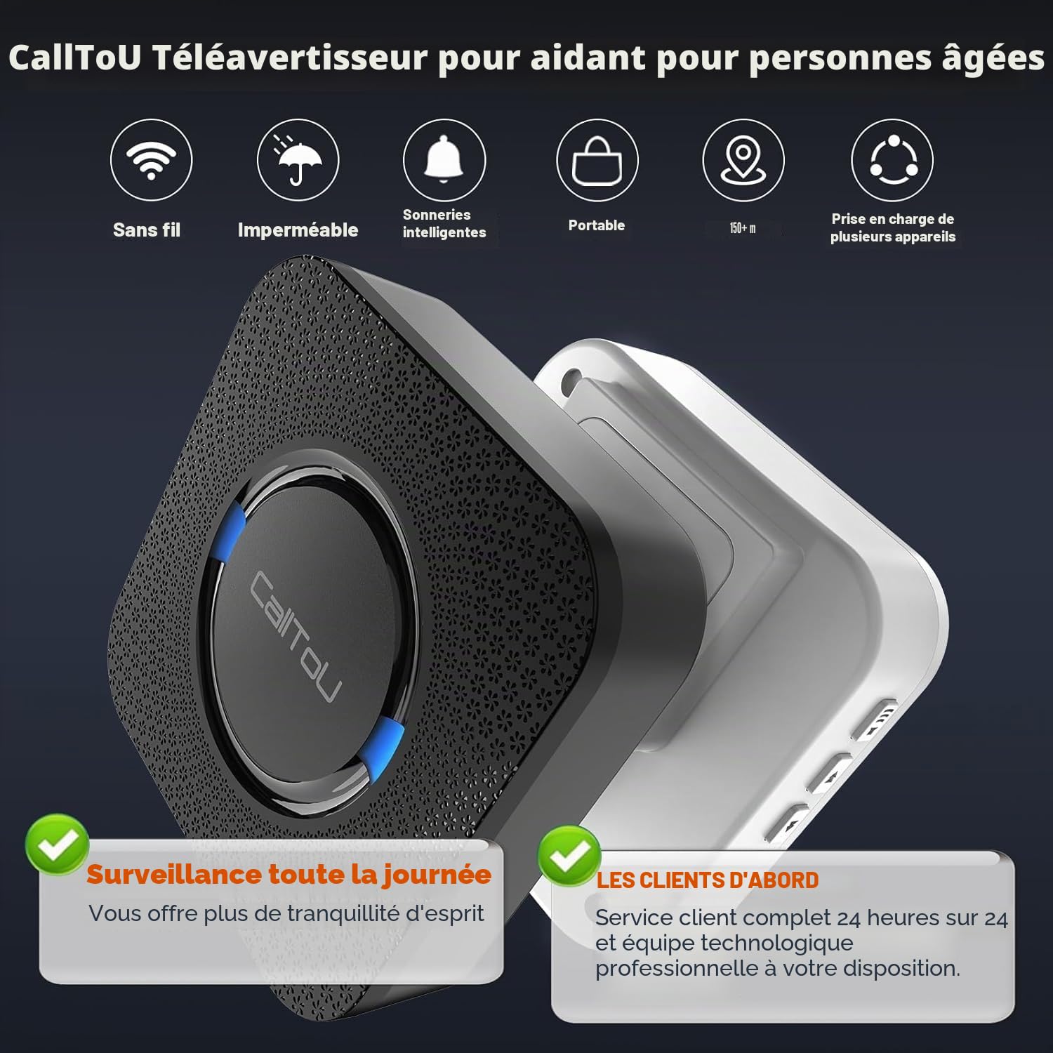 CallToU Bouton d'appel d'urgence Bouton d'appel sans Fil système d'alarme infirmière 500 + Pieds pour la Maison/Personnes âgées/Patients/handicapés (4 émetteur 2 récepteur)