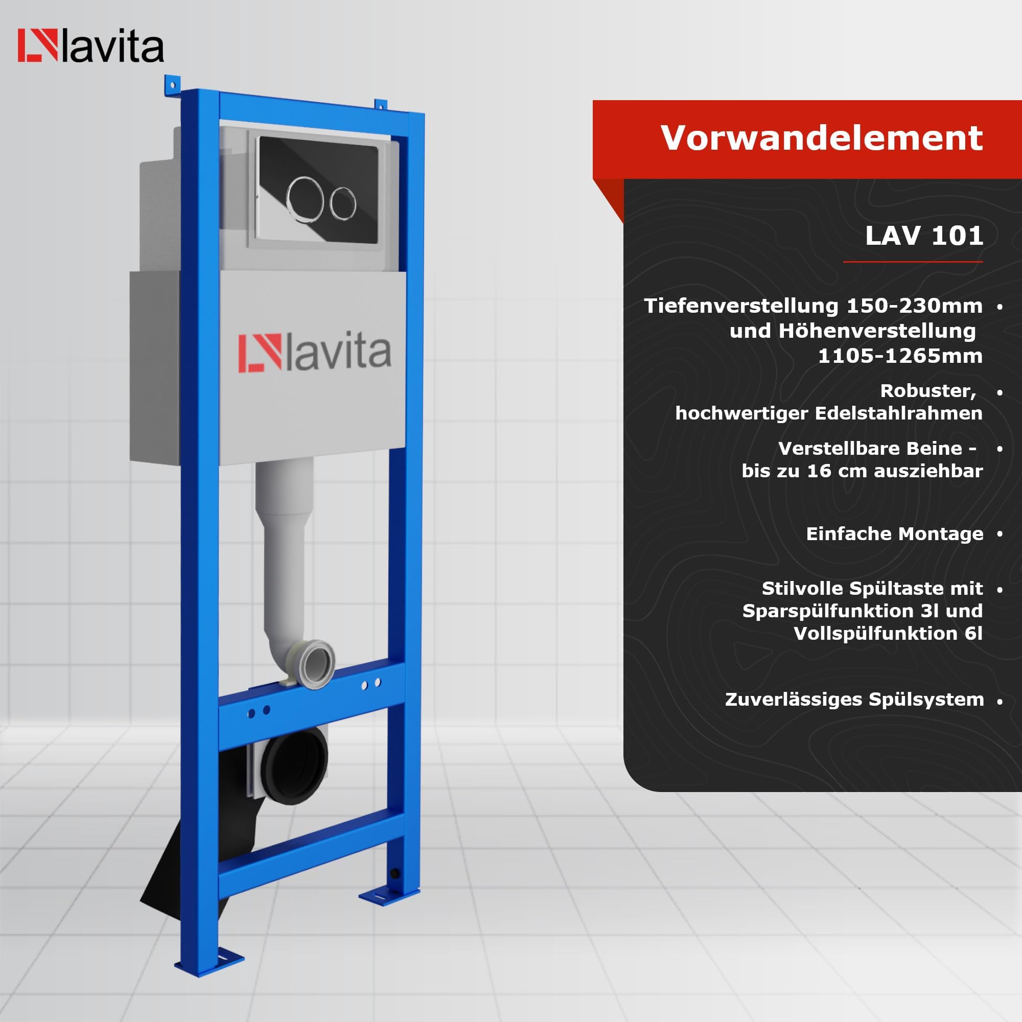 Lavita LAV 101 Élément mural pour WC 40 cm + évier mural suspendu Gale blanc sans bord + panneau de commande LAV 200.4.4 noir | Kit complet | Réservoir de chasse encastré | WC complet