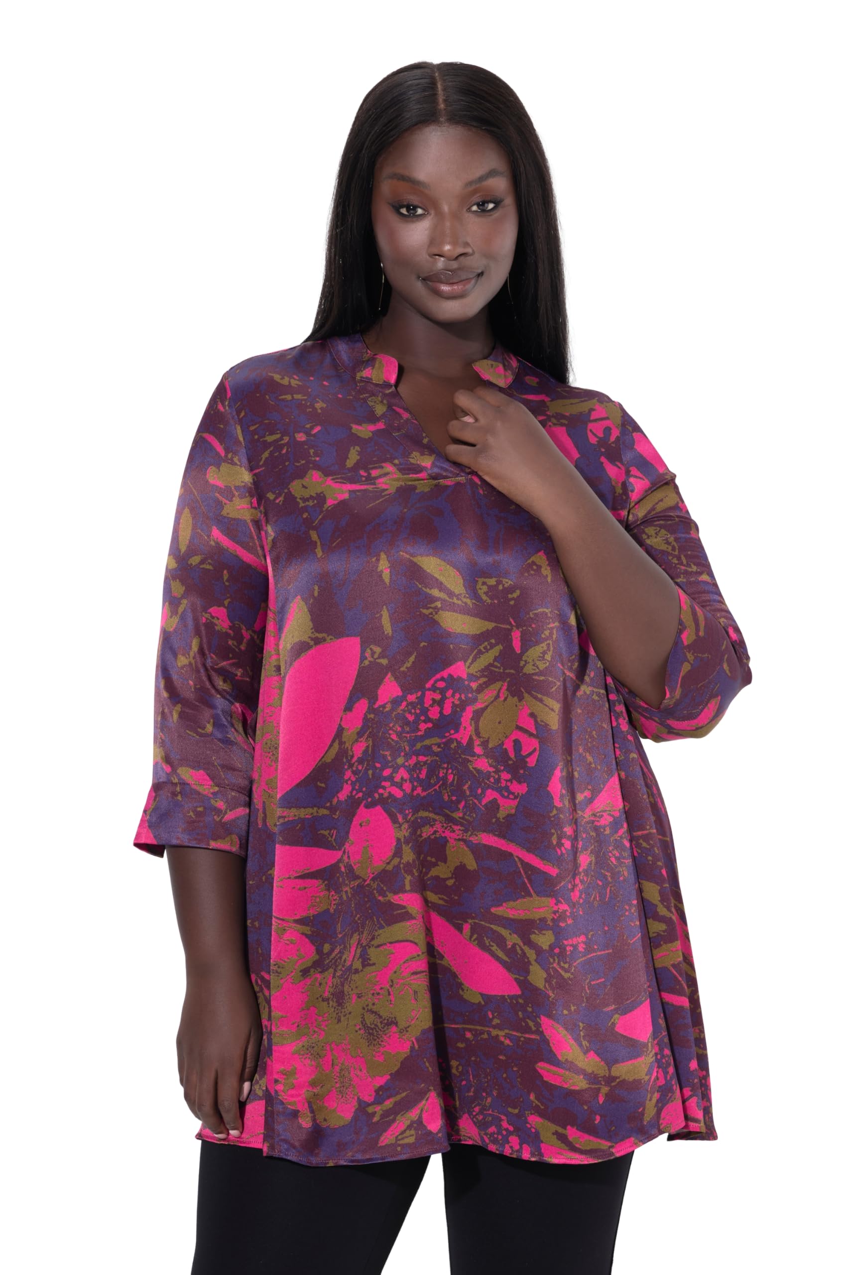 Ulla Popken Damen große Größen Übergrößen Plus Size Tunika, A-Linie, Kelchkragen, V-Ausschnitt, 3/4-Arm 844797