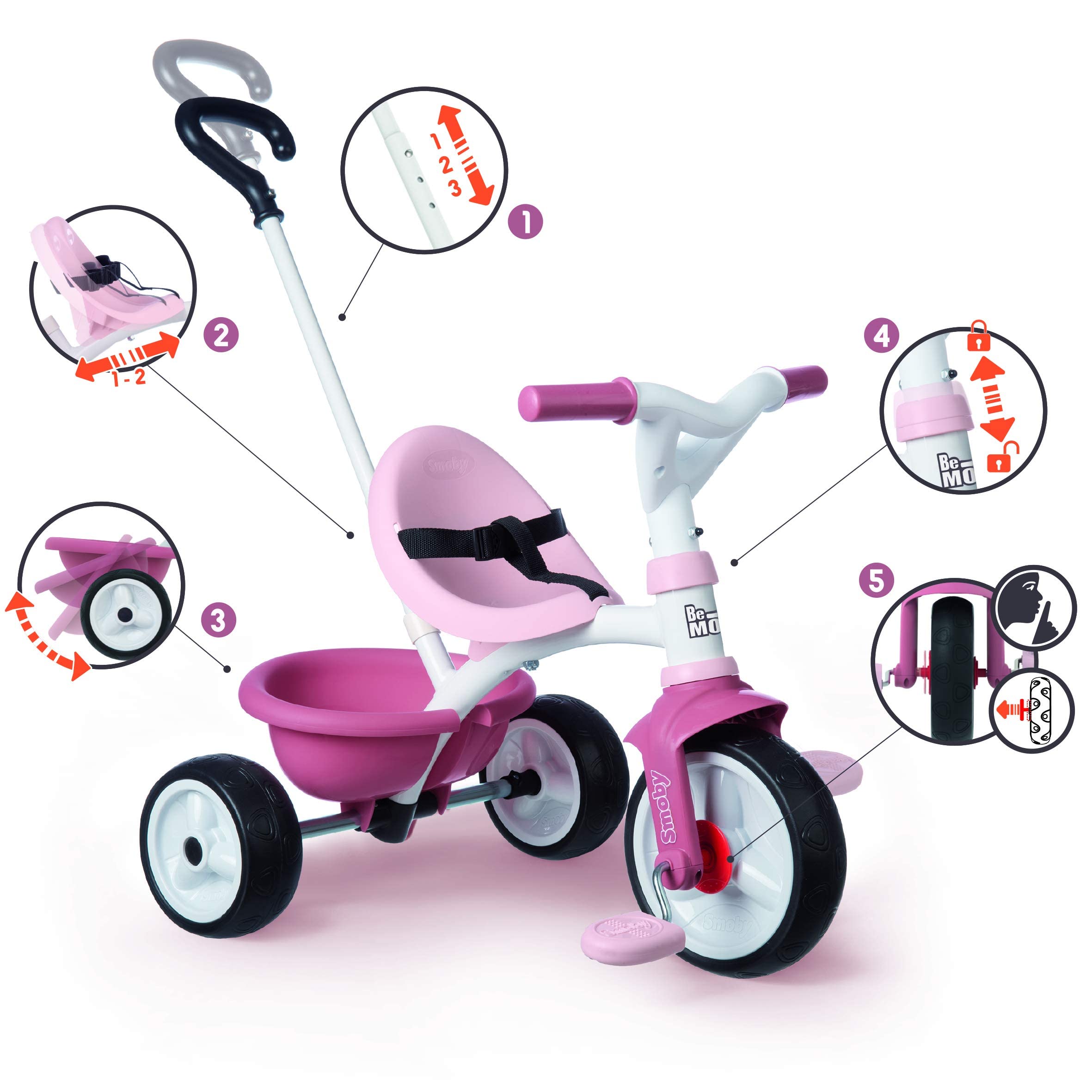 Smoby - Triciclo Be Move Girl, 7600740332, + 15 Mesi, Triciclo Evolutivo,Struttura di Metallo, Ruote Silenziose, Asta di Spinta