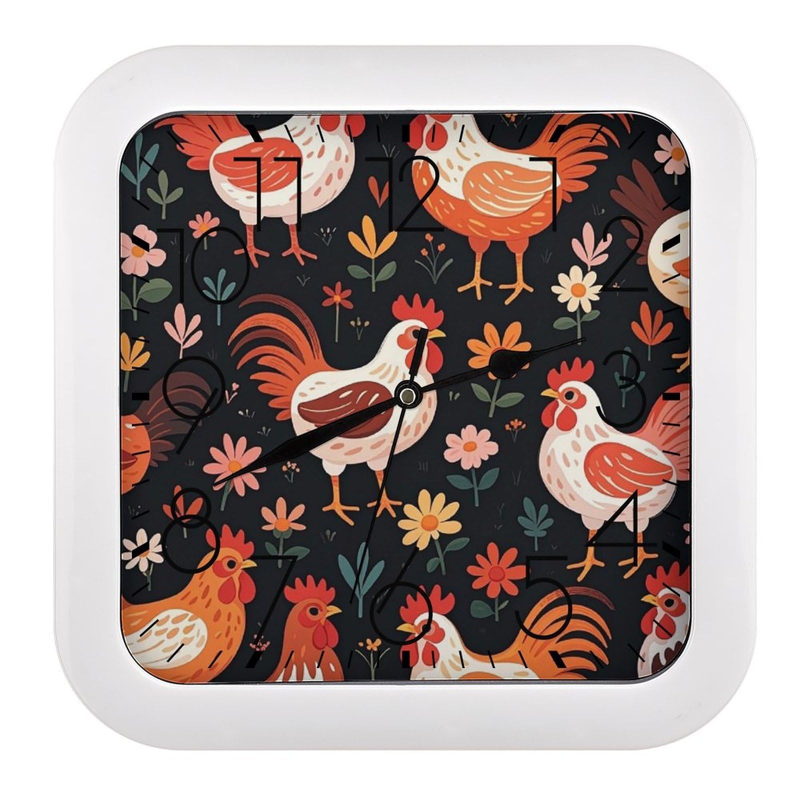 FekiLoot Cute Rooster Chickens Wall Clock Battery Operated Square Decorative Wall Clocks Silent Non Ticking Analog Clock Modern Retro Vintage Wall Clocks for Kitchen Living Room Office 10.2 Inch