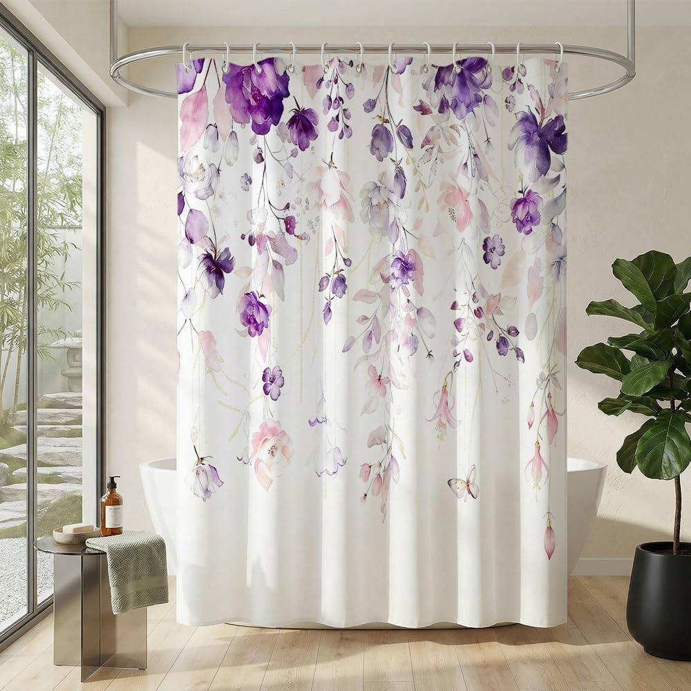 Rohxyzo Watercolour Floral Shower Curtain 180 x 180, Polyester Fabric Shower Curtain for Bathroom Wet Room, Botanical Decor with Draped Effect, Washable Shower Curtain Set with 12 Hooks (Purple) — image 1