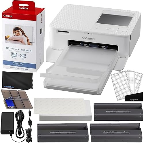 Canon Selphy CP1500 Wireless Compact Photo Printer (White) Bundle with KP-108IN Color Ink Paper Set (108 Sheets of 4x6 Paper + 3 Ink Cartridges) + Memory Card Holder + More