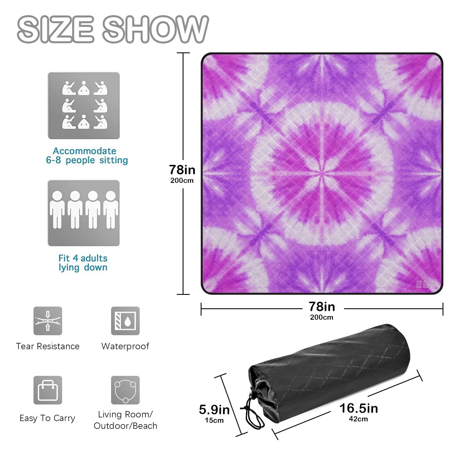 Różowo-fioletowy tie-dye koce parkowe wodoodporne składane bez piasku na imprezę na zewnątrz mata plażowa do ziemi