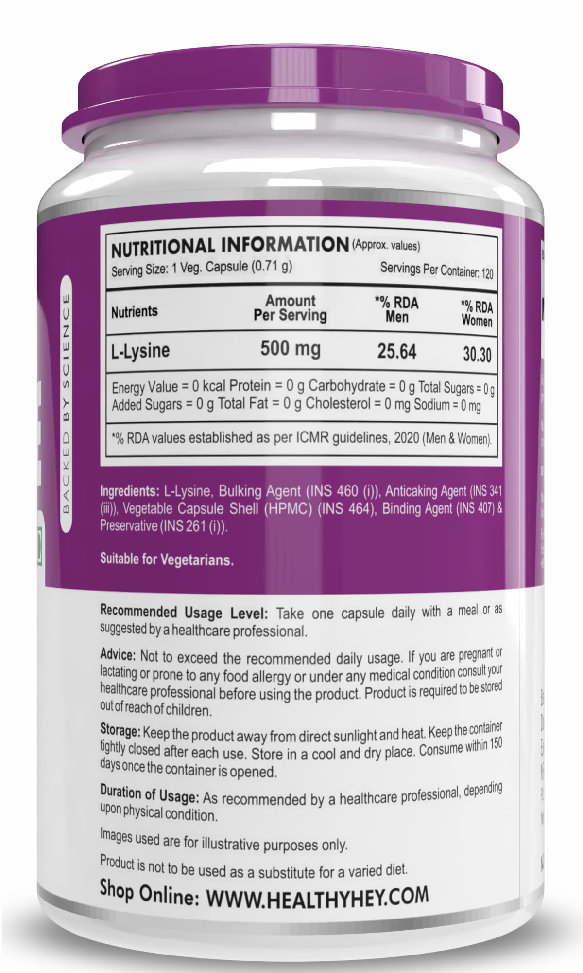 HealthyHey Nutrition L-Lysine 120 Vegetable Capsules 2