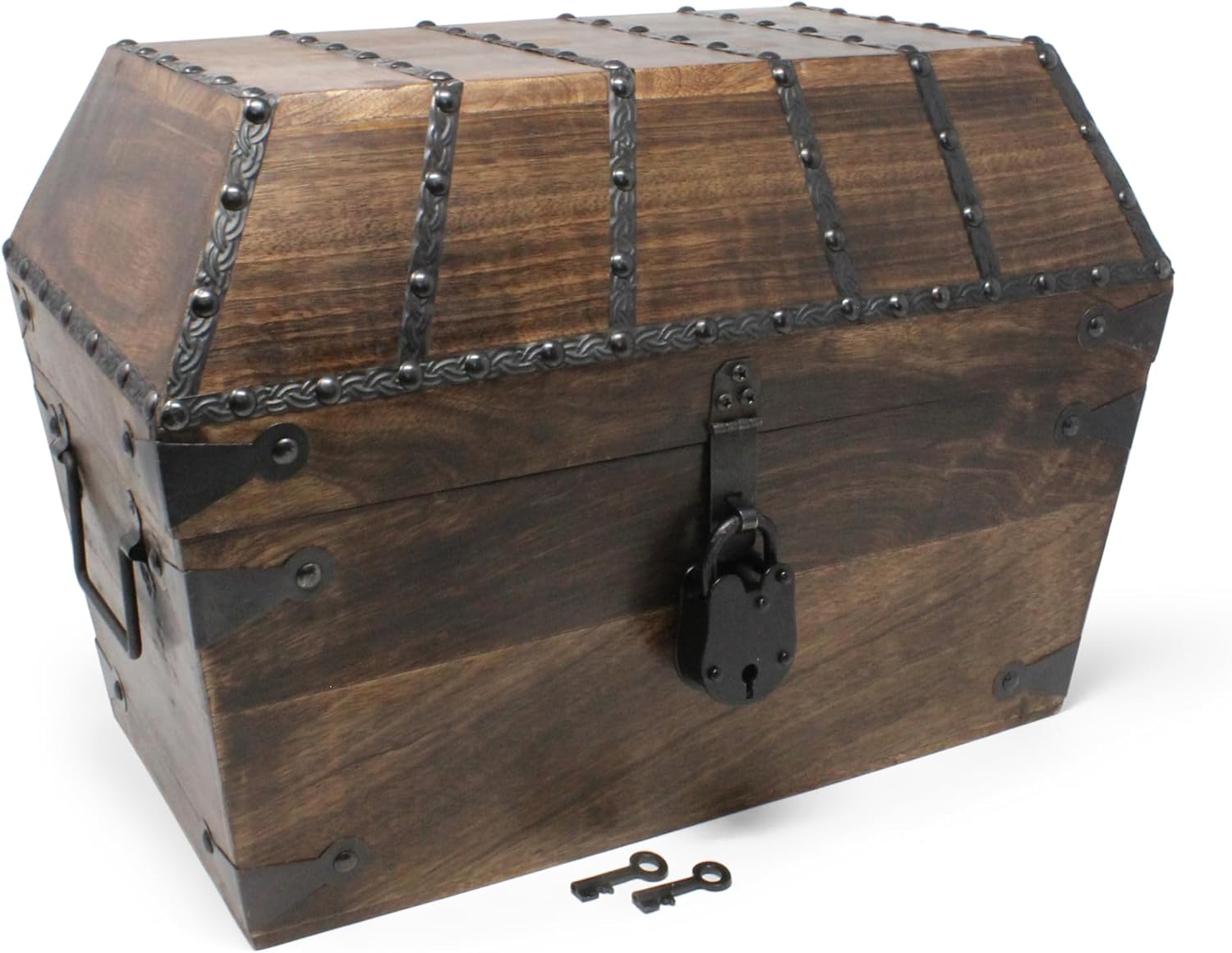 nautical cove angular pirate treasure chest made of solid wood with decorative rivets (x-large 16x10.25x11.75) iron lock and skeleton keys included - wooden treasure chest, pirate decor, keepsake box x-large 16x10.25x11.75"