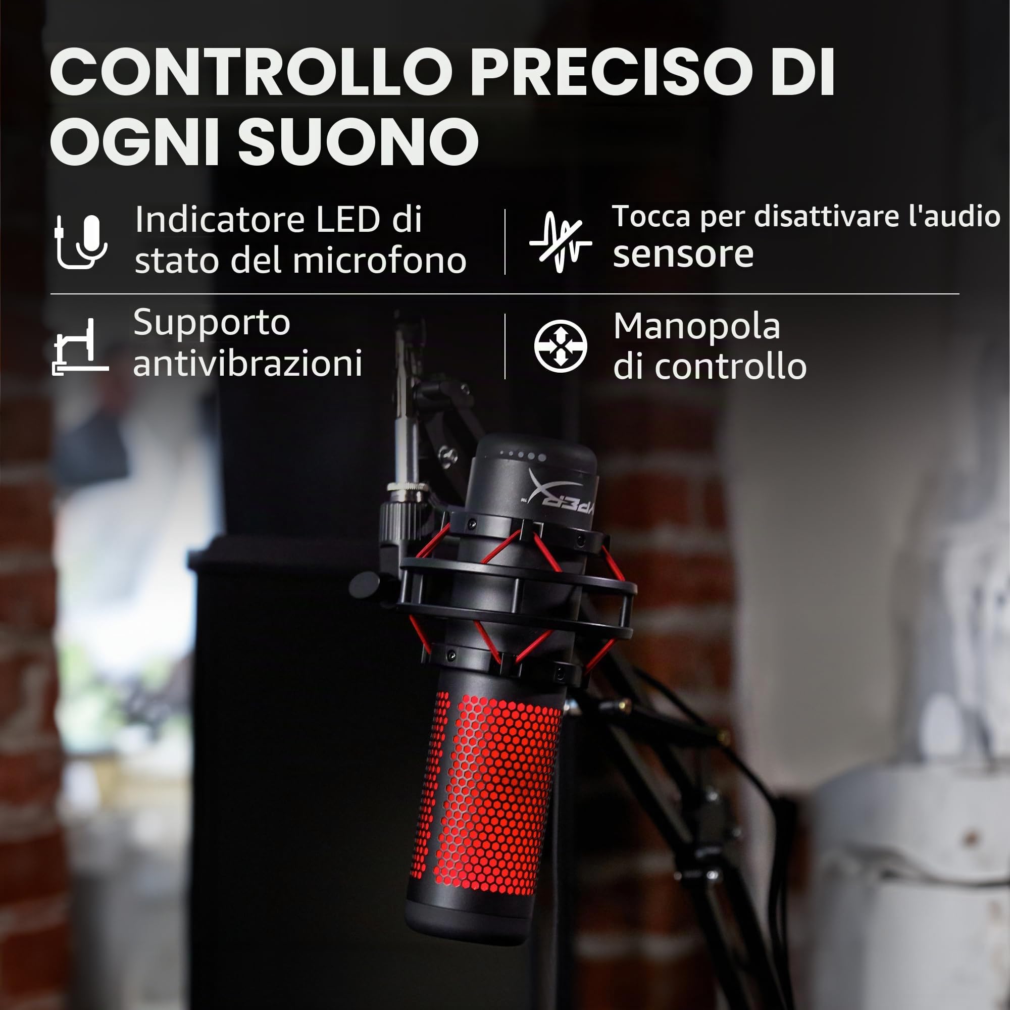 HyperX QuadCast, Microfono da Gaming, USB a condensatore, Anti-Vibrazione, FiltroPop, Indicatore LED, Sensore Tap-To-Mute, Jack Audio, Streaming, Discord, TeamSpeack, per PC, PS5, PS4, Mac, Rosso/Nero