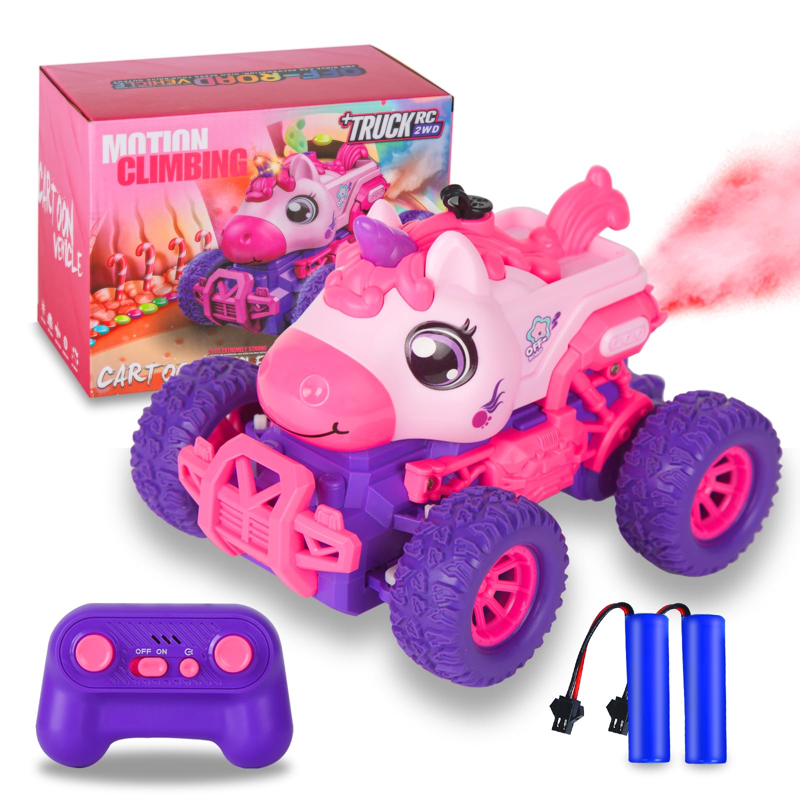 iBlivers Samochody z jednorożcem ze zdalnym sterowaniem dla dzieci, samochód zdalnie sterowany z jednorożcem, RC Monster Truck z jednorożcem z rozpylaczem LED, zabawka z jednorożcami dla dziewczynek