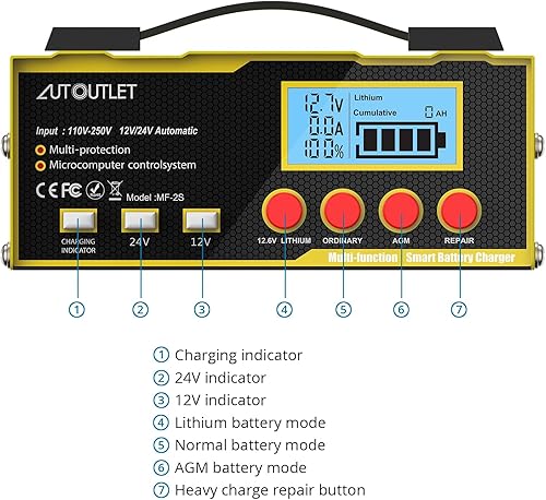 Miniatura 2 de AUTOUTLET Cargador y mantenedor de batería versátil de 12 V24 V con pantalla LCD inteligente, cargador de batería automotriz de 12 A para baterías