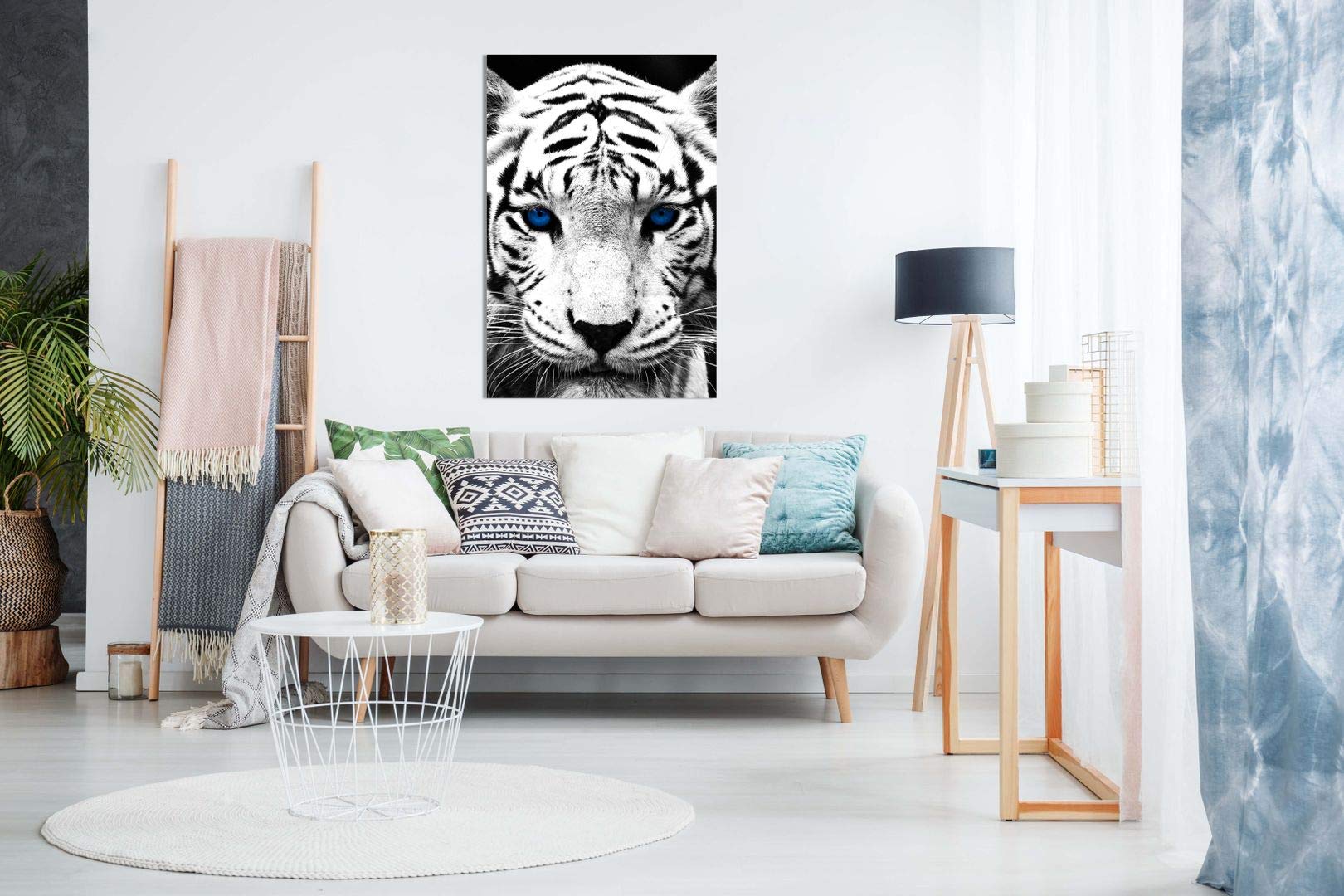 Quadro Su Tela Tigre Occhi Azzurri Con Fiori - Decorazione Parete Bianco E Nero 30x45cm - Foto 2