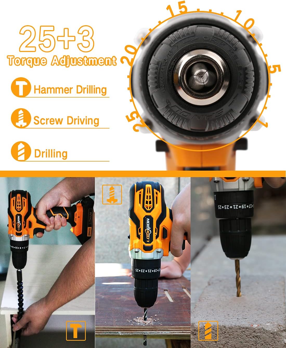 21V Cordless Drill Set, Electric Drill Set with 2×Batteries, 24 PCS Bits, Charger, LED Electric Screw Driver for DIY Drilling Wall, Bricks, Wood, Metal