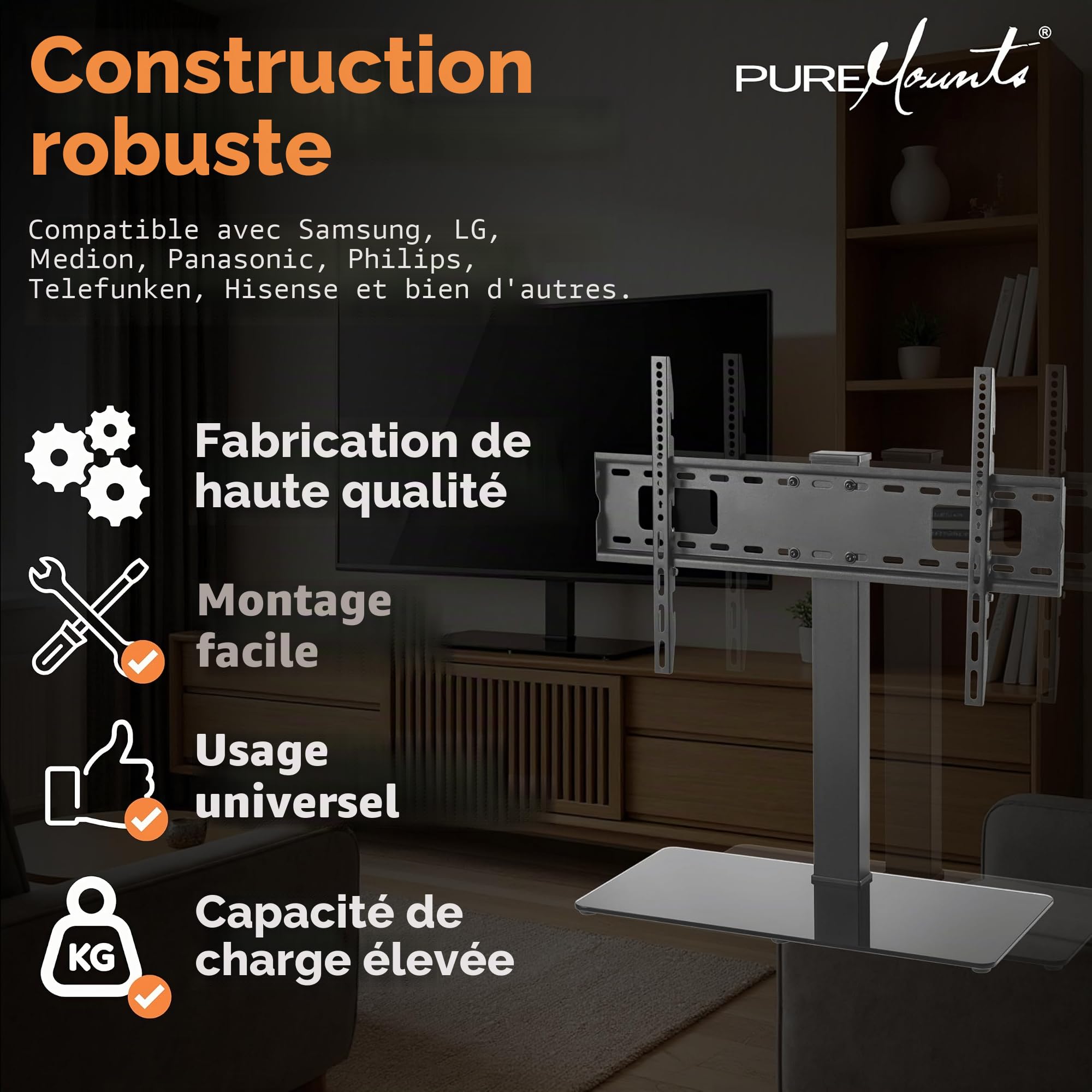 PureMounts Support TV, Pied, Support TV Universel pour 37-70 Pouces Samsung, LG, Philips, Panasonic UVM., Max. Vesa 600x400 & 40 kg, Noir