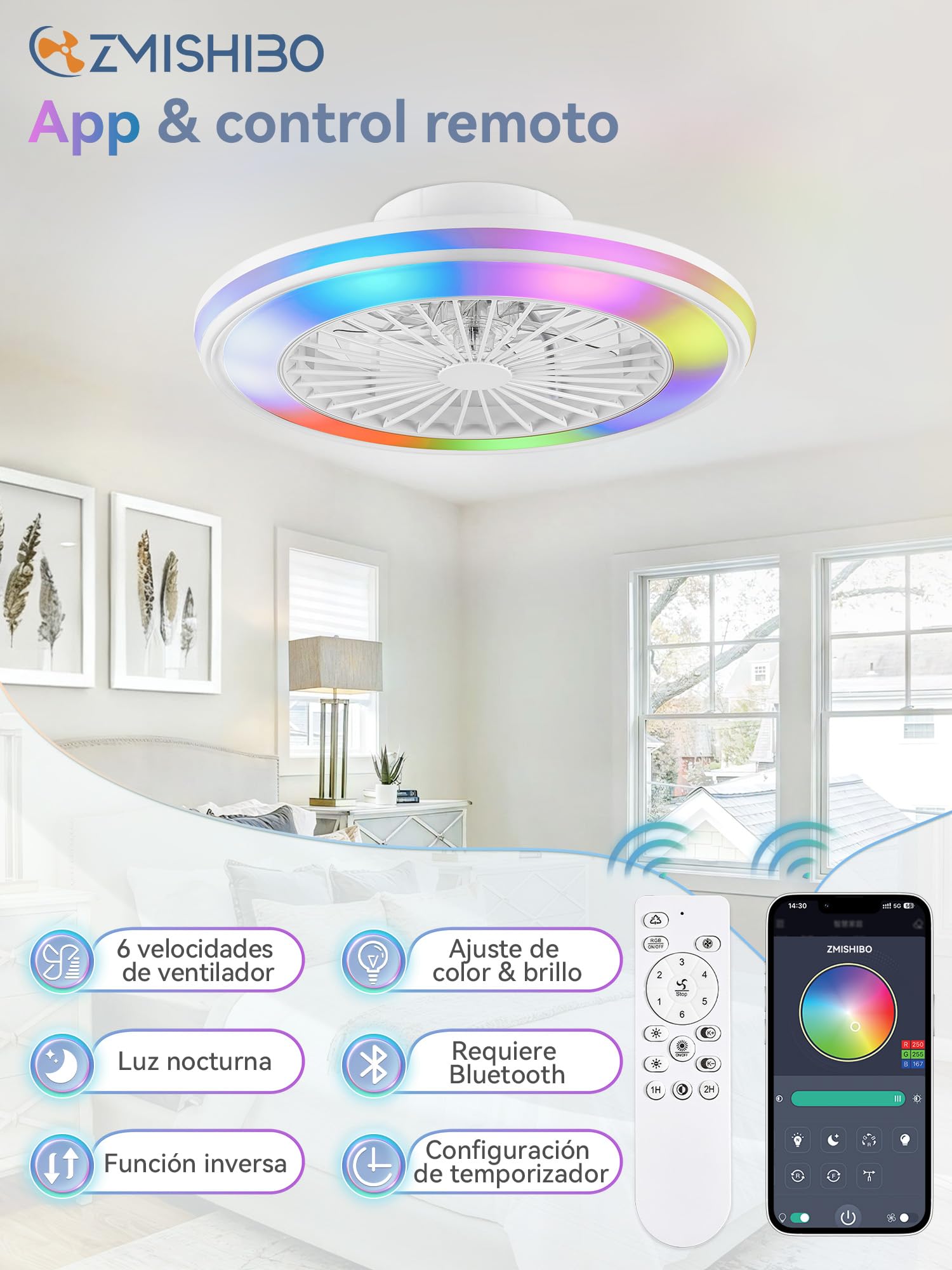 ZMISHIBO Ventilador de Techo con Luz Silencioso 49,5 cm, Ventilador Techo sin Aspas, 32W LED+16W motor DC, 6 velocidades, 3 temperaturas, APP y mando, temporizador, Lámpara Ventilador techo Blanca RGB