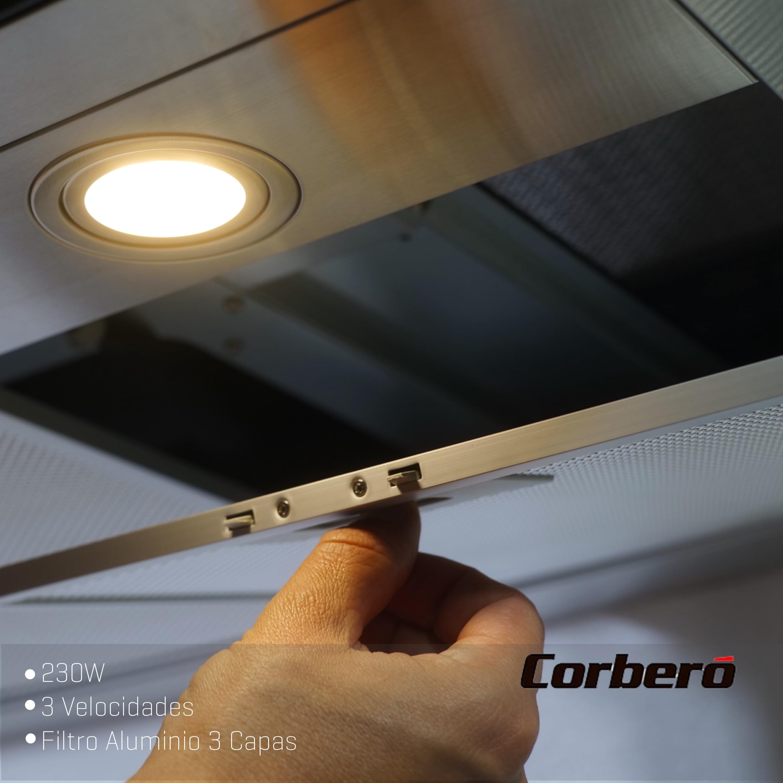 Corberó - Campana Decorativa Horizontal | NANGA975XB | 90 cm | Caudal 750 m3/h, 230W, 3 Velocidades, Filtro Aluminio 3 Capas, Filtro Carbón | Eficiencia Energética A | Negro