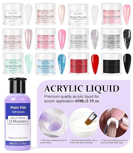 Miniatura 2 de Major Dijit Kit de uñas acrílicas con lámpara de uñas, 0.35 onzas, blanco, transparente, rosa, negro y más 12 colores de polvo acrílico y líquido,