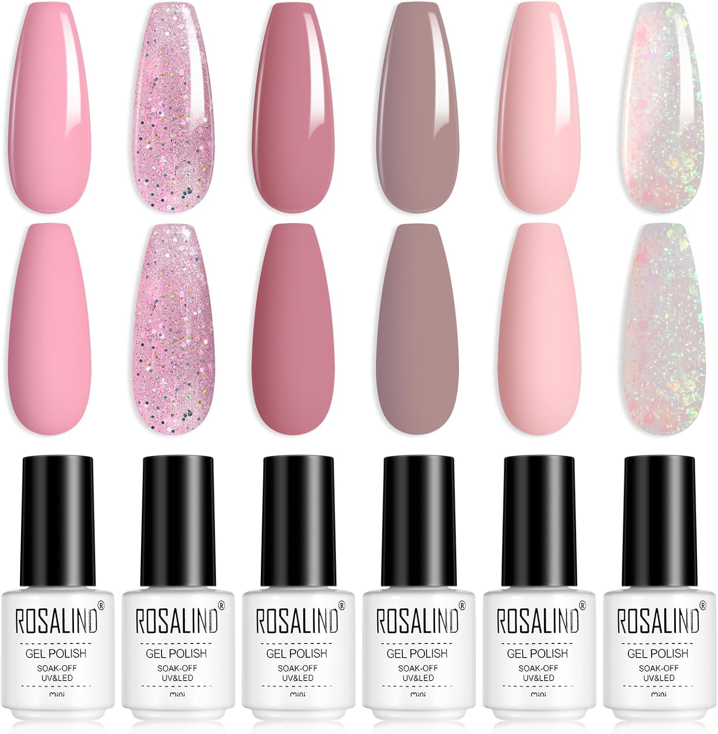 ROSALIND Gel Nagellak Set Roze Glitter Wit Kleur, Soak Off UV LED Gel Polish Kit 6PCS, Gelnagel Starterset Manicure Nail Art Kit Professionele