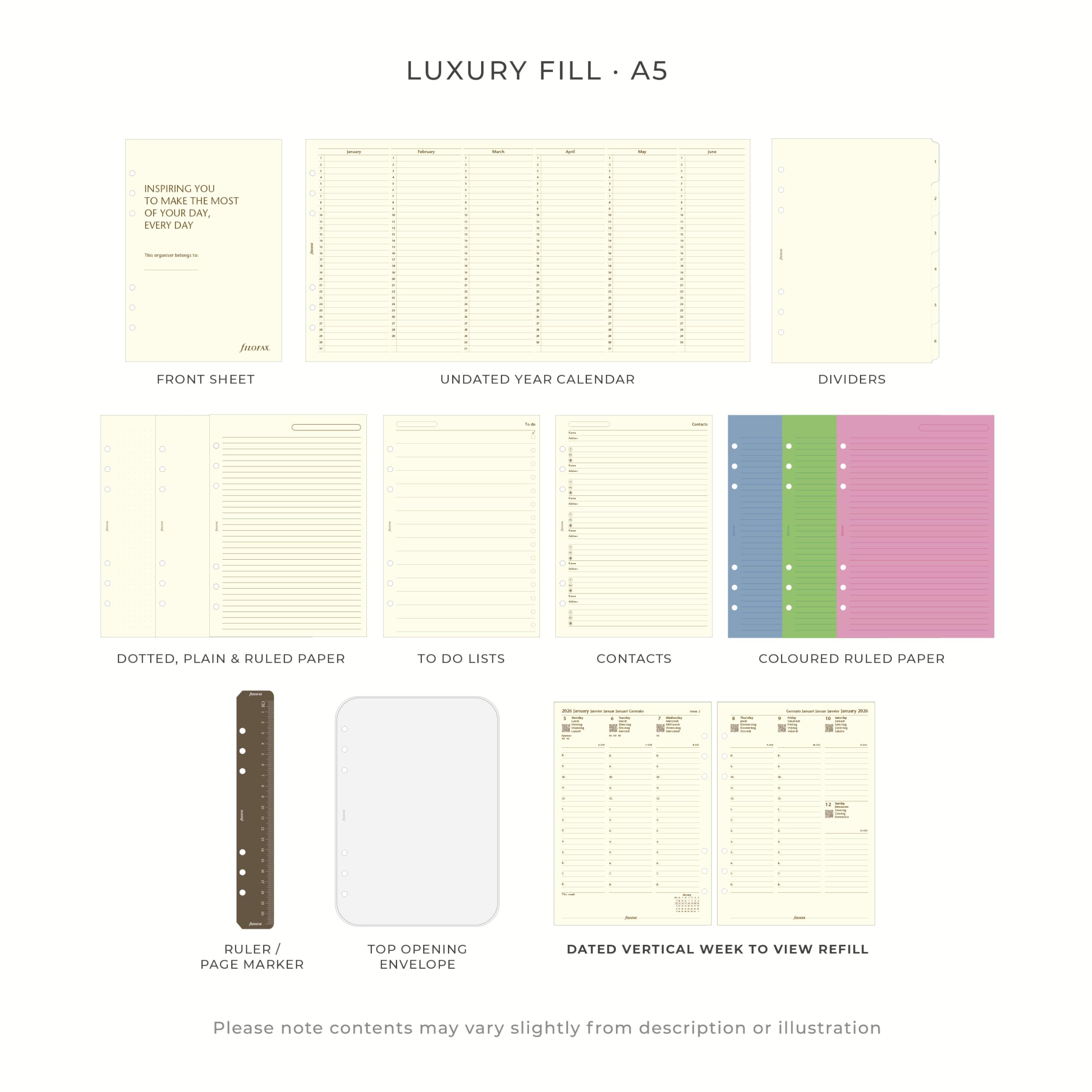 Filofax Holborn C025118 - Organizer formato A5, in pelle di bufalo pieno fiore, con 6 anelli, visualizzazione settimanale, in cotone e crema, multilingue