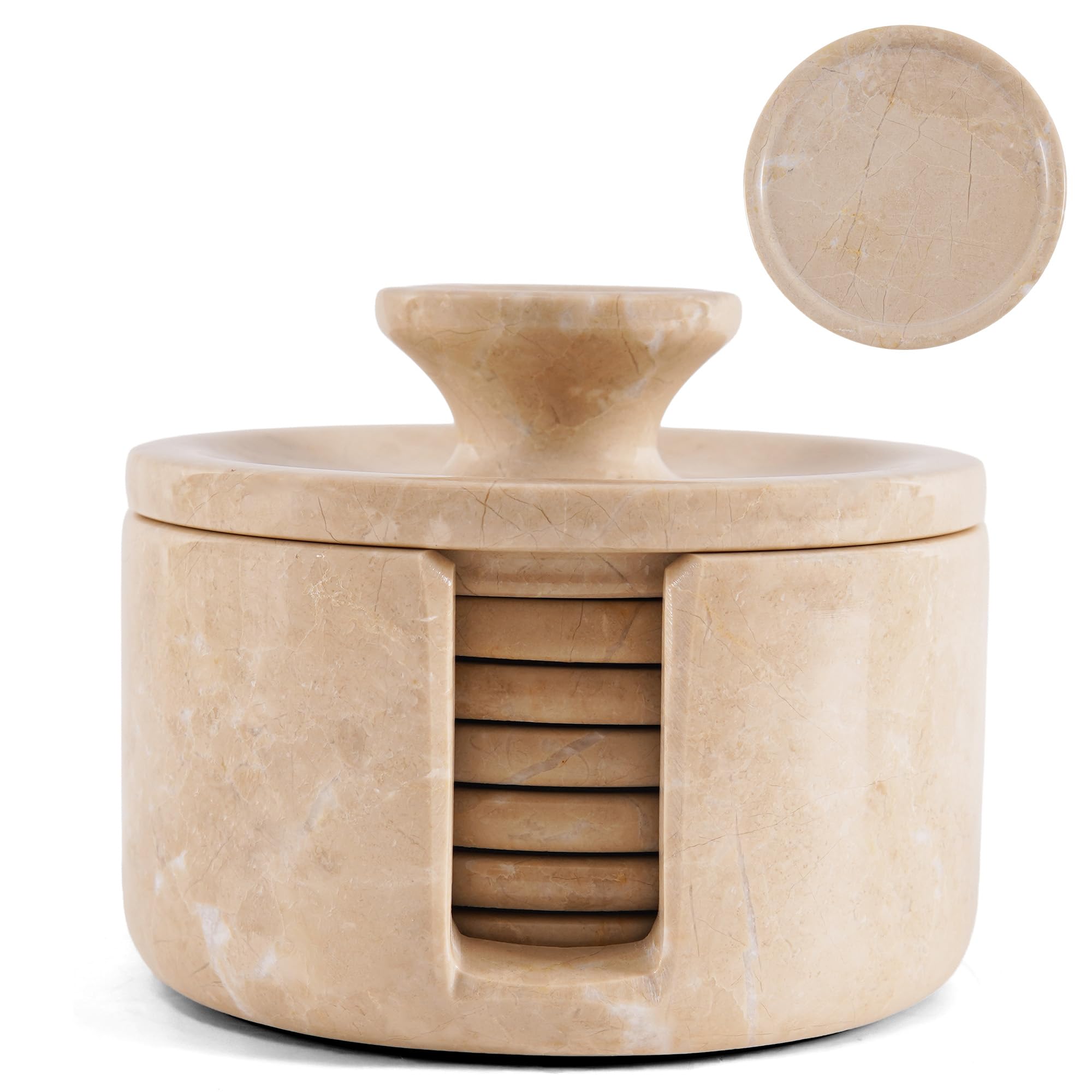 Earthen Crafts verona Marble Coasters with Holder Lid for Drinks 3.5 Inch Stone Drink Coaster Set of 6, Ideal for Patio, Living Room & Kitchen Decor