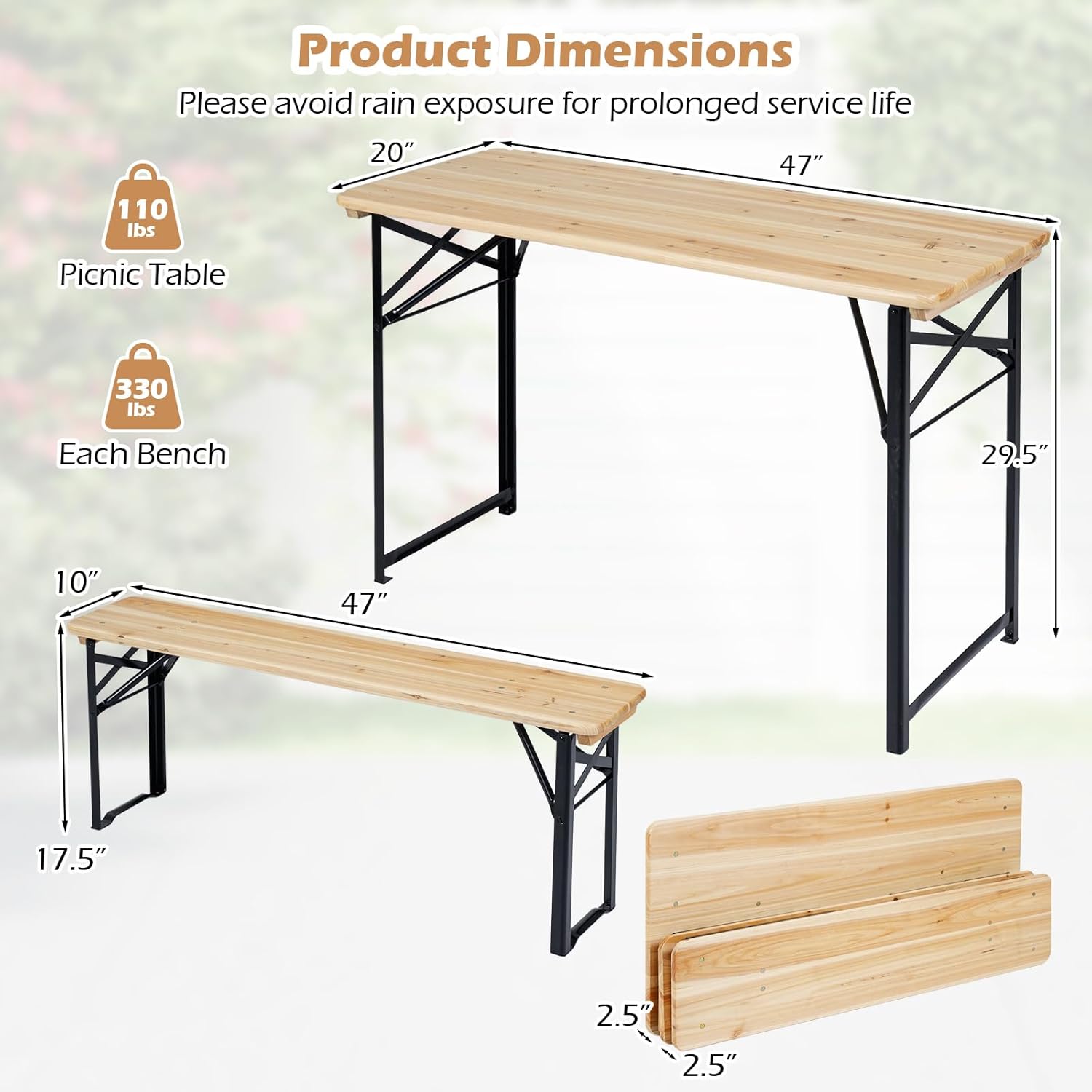 Tangkula 3 Piece Folding Picnic Table with 2 Benches, Foldable Wood Picnic Table Bench Set with Heavy-Duty Metal Frame for 4, Space-Saving Outside Table and Bench Set for Backyard, Patio, Garden