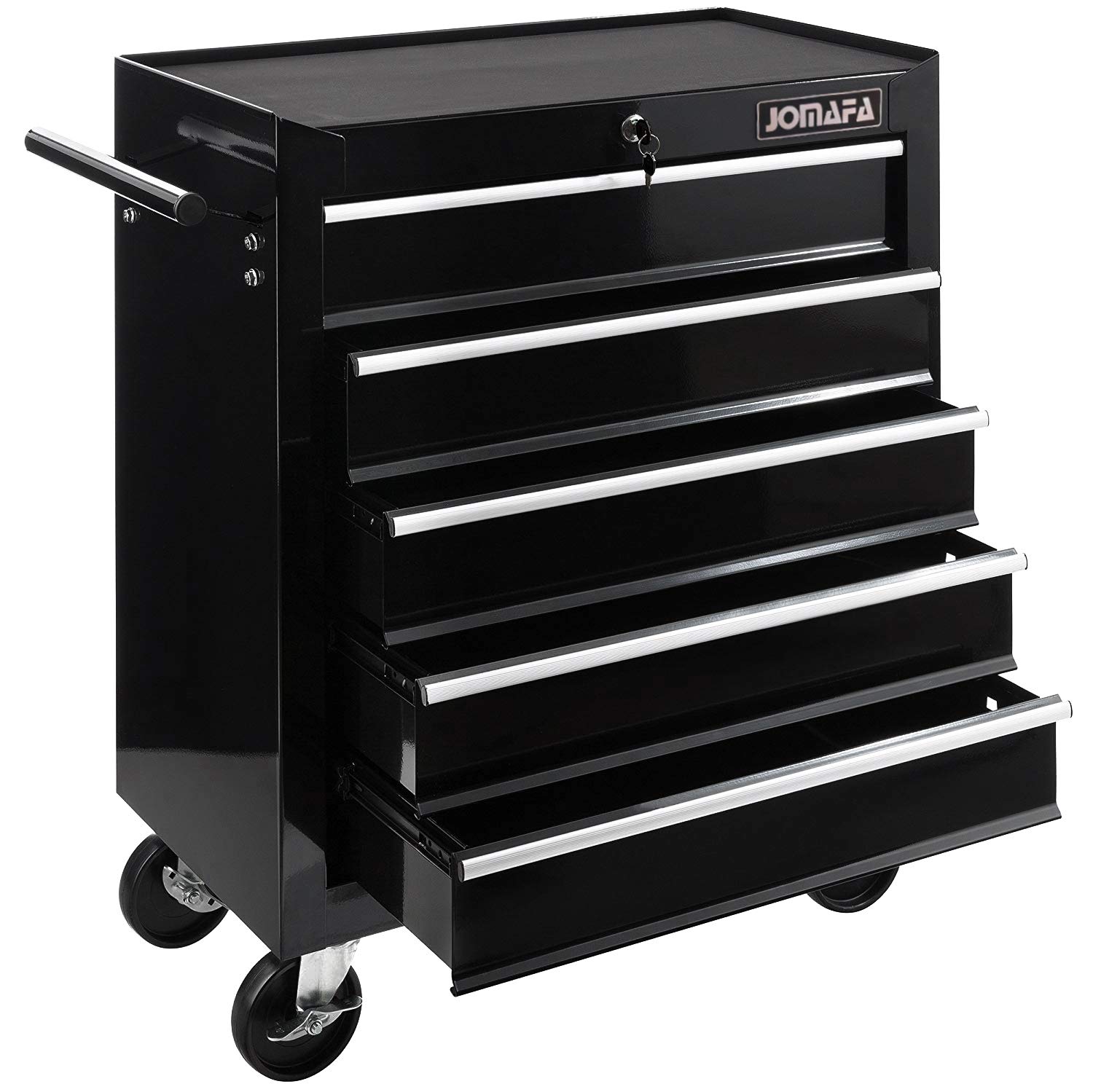JOMAFA Carro de Taller Caja de Herramientas | 5 cajones | Cerradura por Llave | 4 Ruedas | 2 Ruedas con Freno de Bloqueo | Alfombrillas Antideslizantes