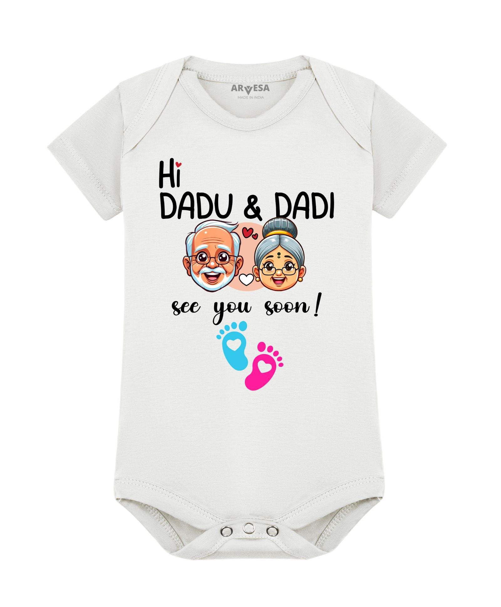 Baby Romper Pregnancy Announcement Theme for Baby Boy and Baby Girl Cotton 0–12 Months Design No 1750 - Hi Dadu & Dadi See You Soon-image-24