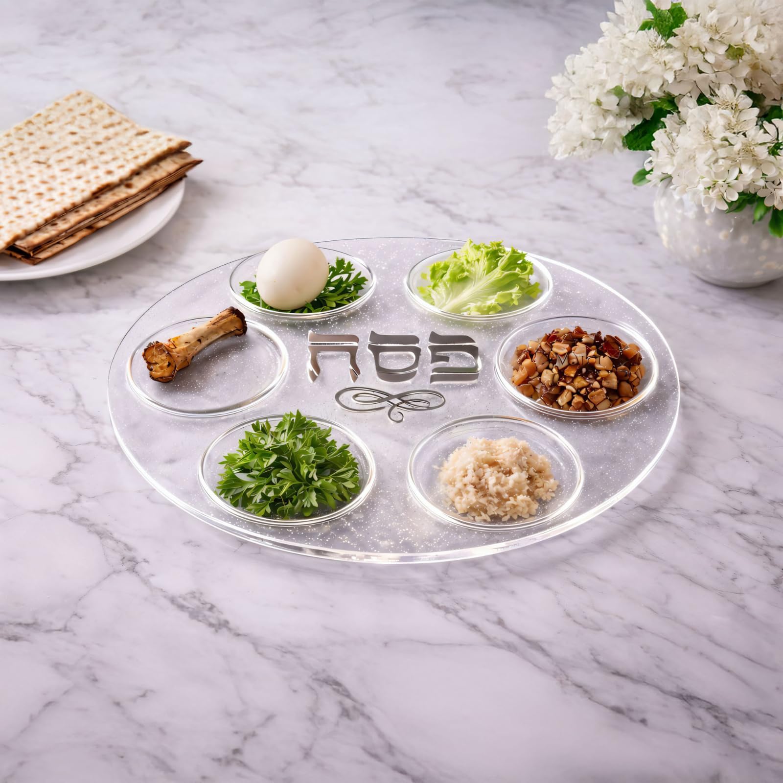 Photo 1 of Rite Lite Plastic Seder Plate Clear Glitter Passover Gifts Stylish & Colorful Pesach Seder Serving Dish Recipe Hebrew & English Haggadah Traditional Jewish Hostess Holiday Party Plate Decor 12"