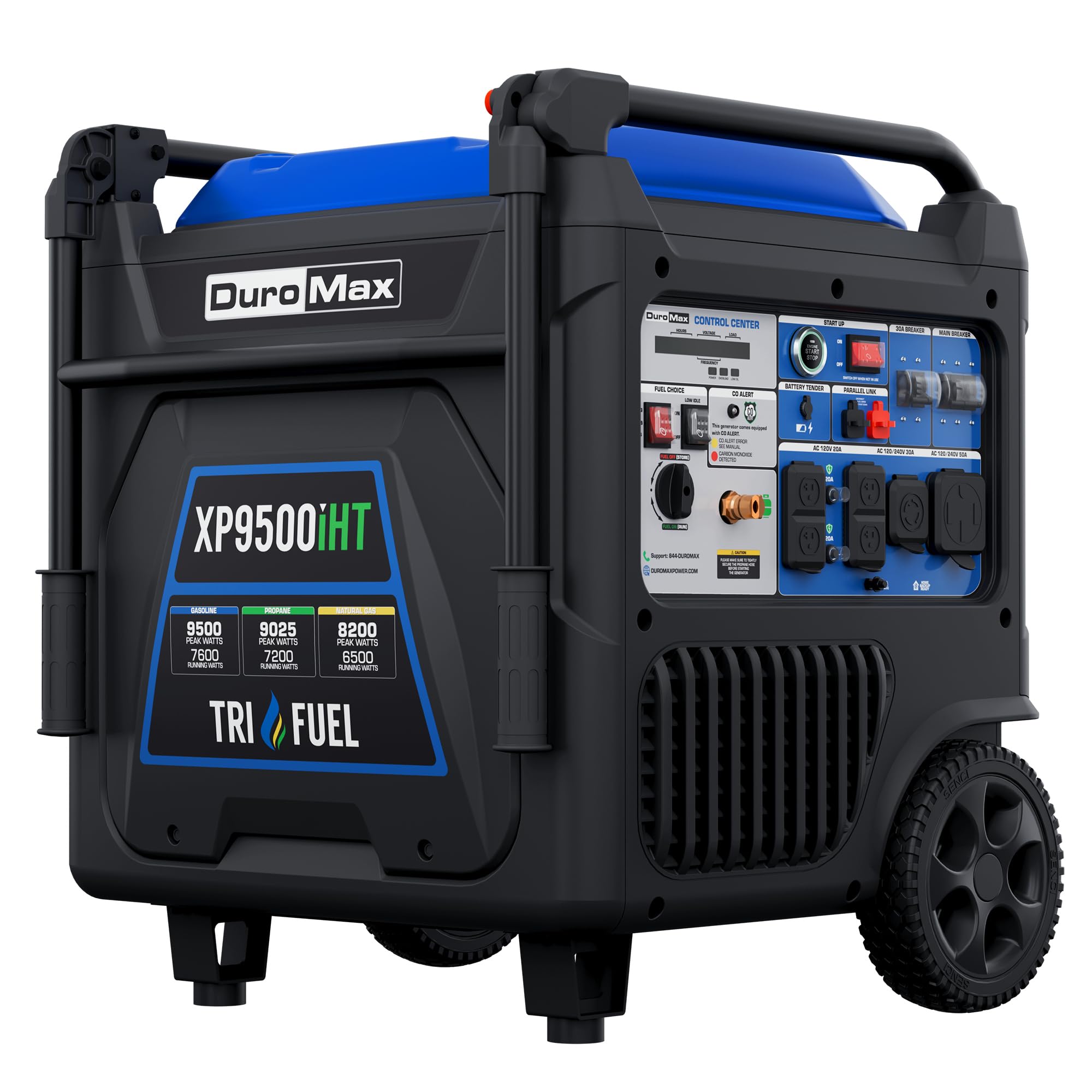 DuroMax XP9500iHT 9,500-Watt Tri Fuel Portable Digital Inverter Generator - Gas, Propane &amp; Natural Gas, Remote Electric Start, Whole Home Power Backup, Transfer Switch Ready, RV &amp; Emergency Ready