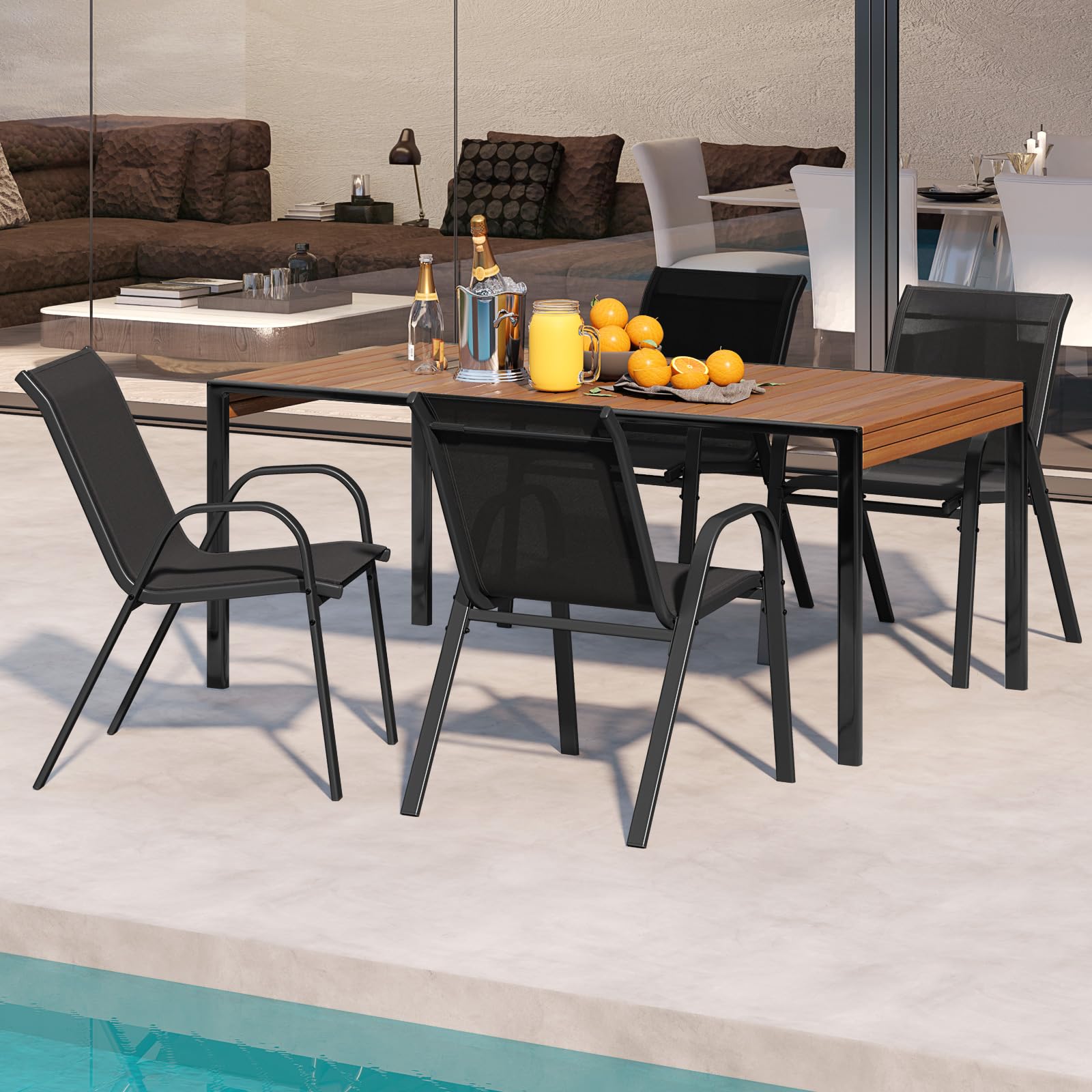 GIANTEX 4er Set Gartenstühle Stapelbar, Balkonstühle aus Textilene & Metall, Stapelstühle Hochlehner mit Armlehnen, Terrassenstühle Outdoor belastbar bis 150 kg (4, Schwarz, 56x70x84 cm)