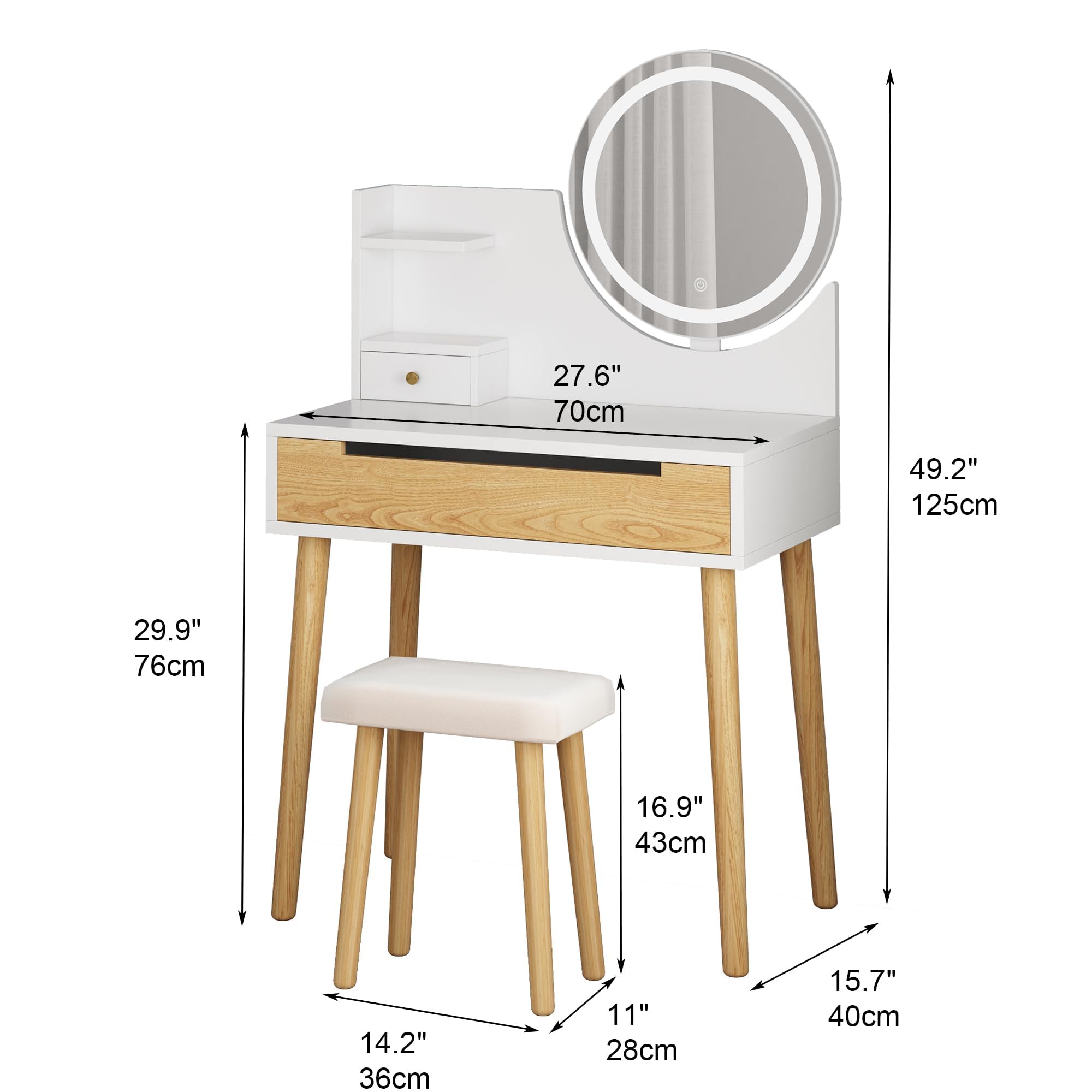 Garvee Schminktisch Mit LED Touch-Beleuchtung Und Spiegel, MDF+PU Frisiertisch, Moderner Kosmetiktisch Mit Aufbewahrung Für Schlafzimmer, Ankleidezimmer, Weiß
