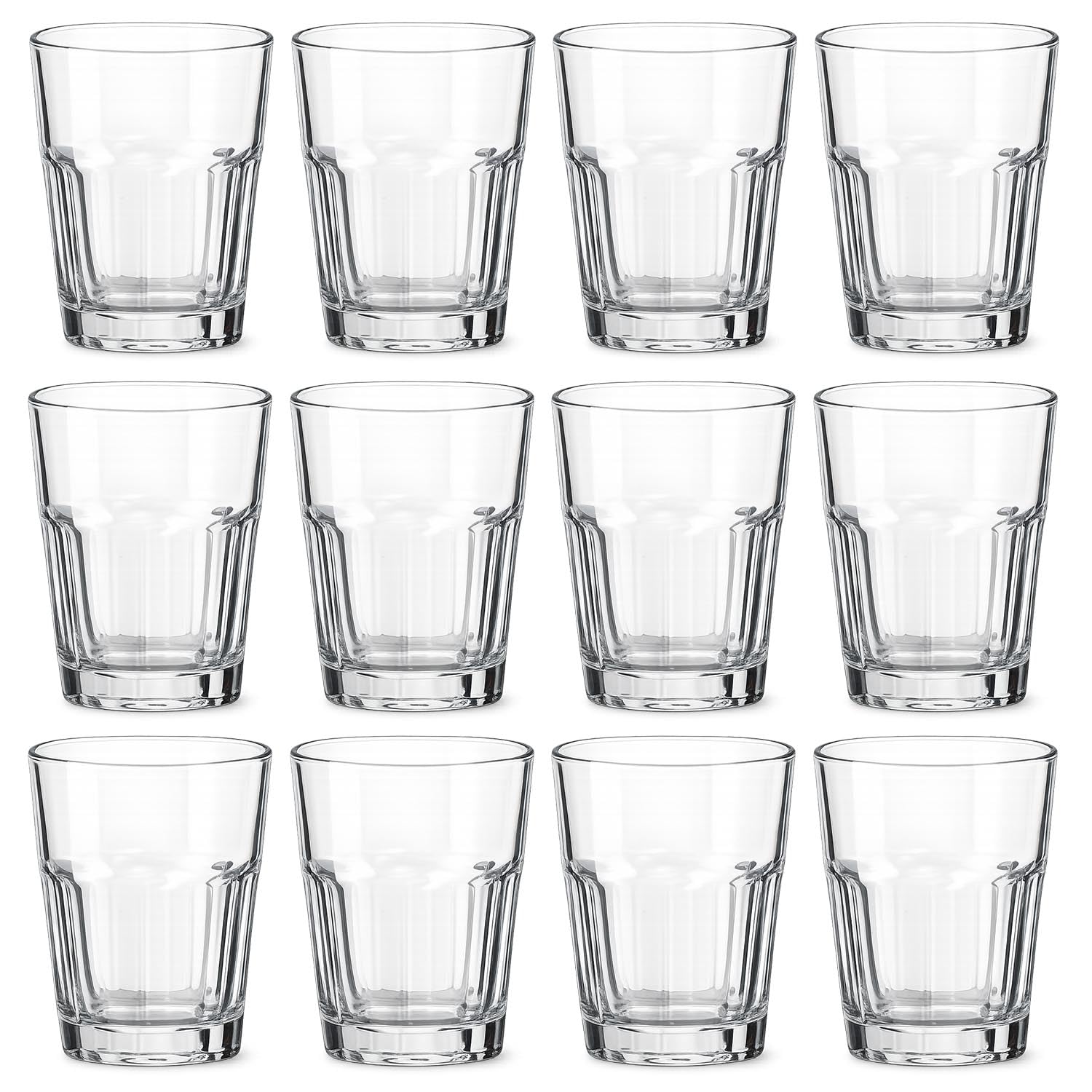 UNIQUE HOME LIVING Drinking Tumbler Glasses Set of 12, 270ml Maxim Fluted Clear Glass Tumbler Set for Water, Gin, Iced Tea, Juice, Soda, Cocktails, 9.1oz Glass Tumblers, Drinking Glassware