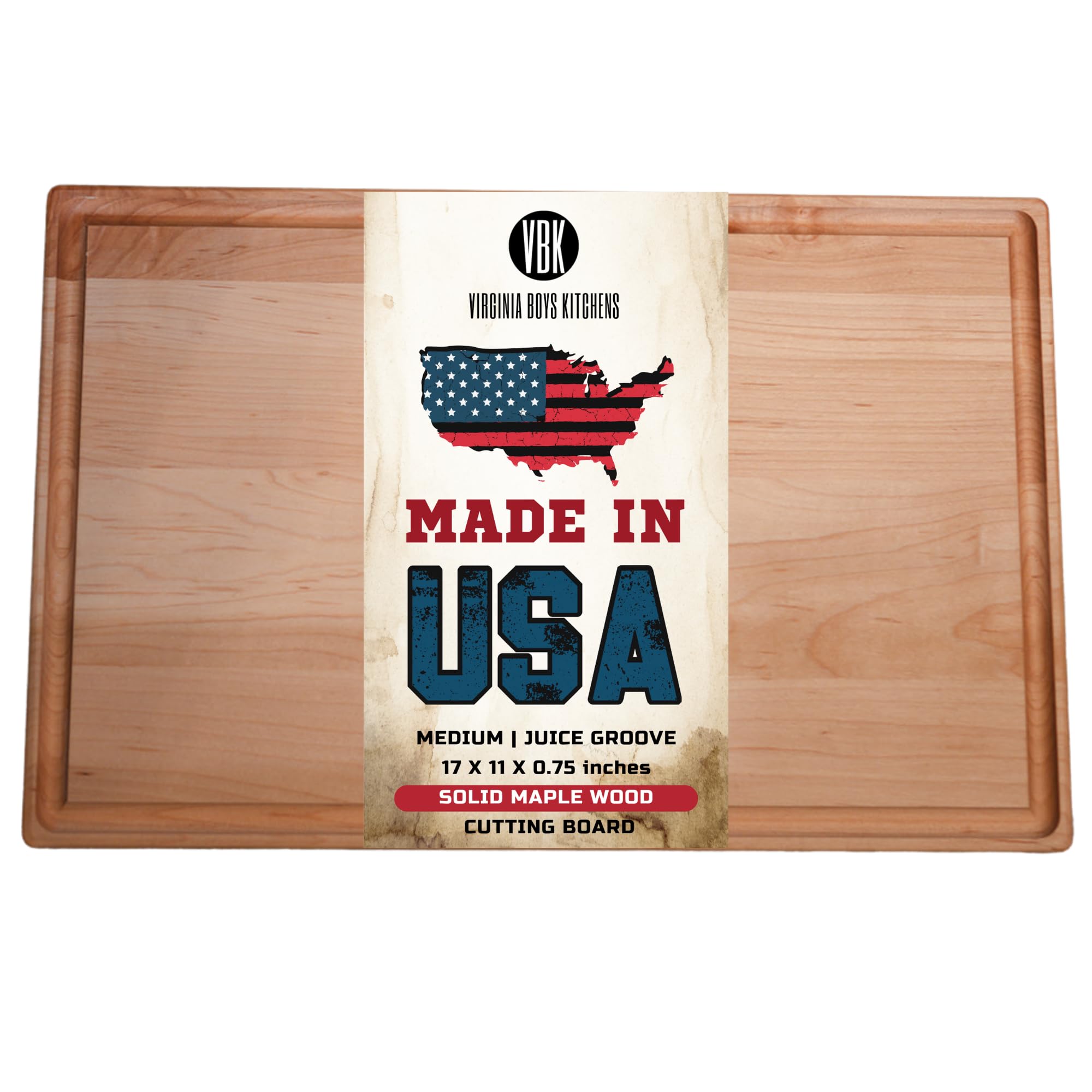 Made in USA Medium Solid Maple Wood Cutting Board by Virginia Boys Kitchens - Butcher Block Wooden Carving Board with Juice Groove made from Sustainable North American Hardwood (17x11)