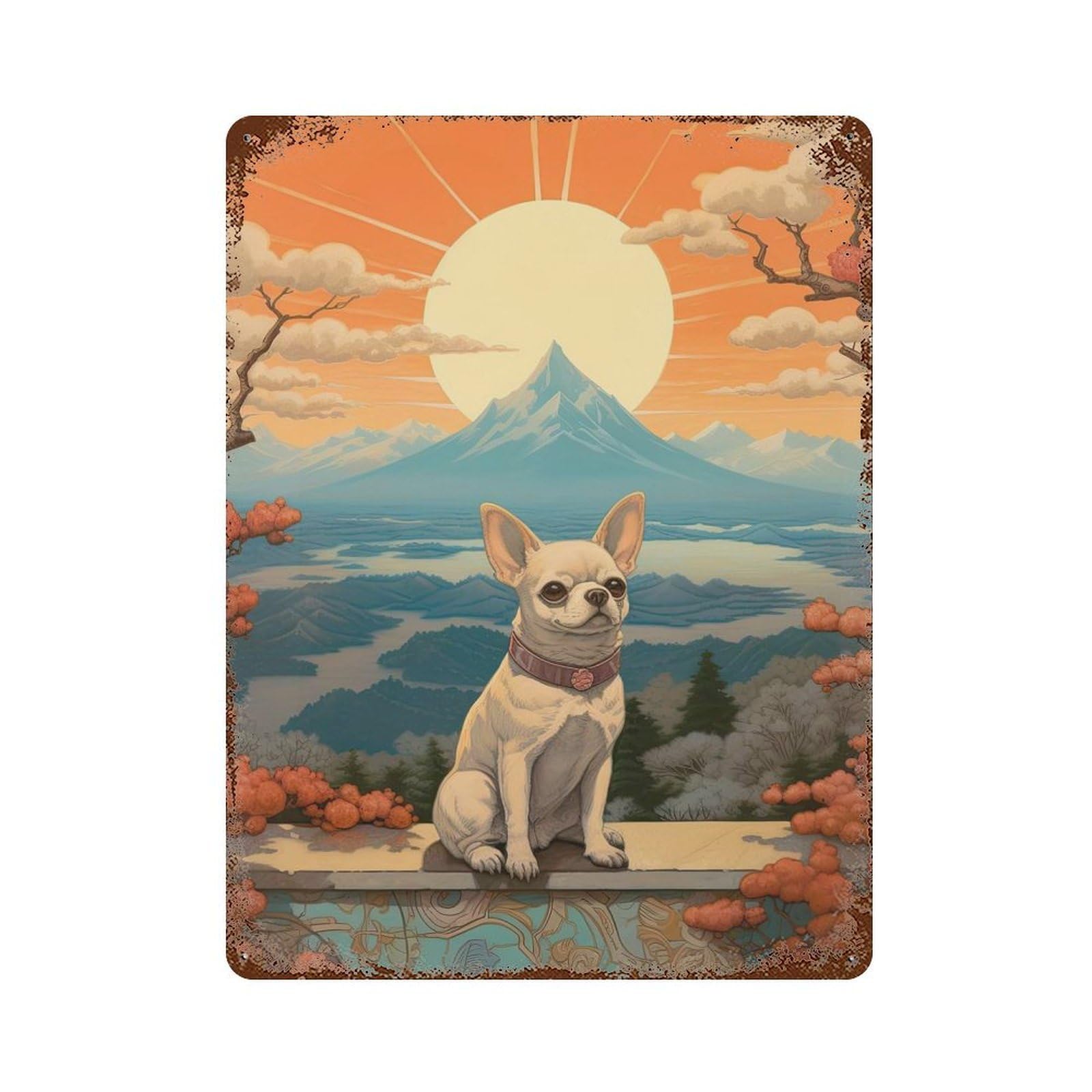 Chihuahua Mount Fuji Weathered Tin Sign 15.7"x11.8", Vintage Wall Decor for Garage, Pub Or Kitchen