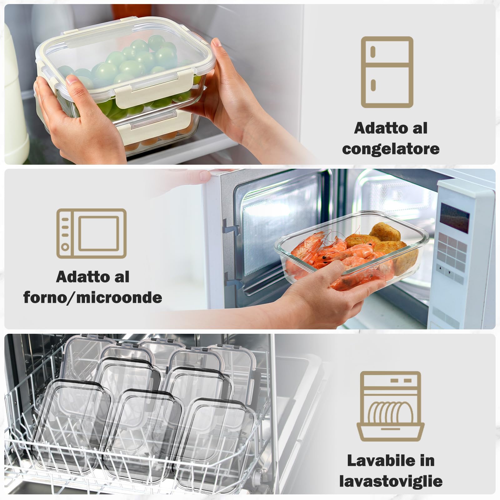 YASHE Set 10 Contenitori Vetro per Alimenti con Coperchi Ermetici, Senza BPA, Adatti a Microonde, Forno, Frigo e Congelatore, per Meal Prep, Bianco
